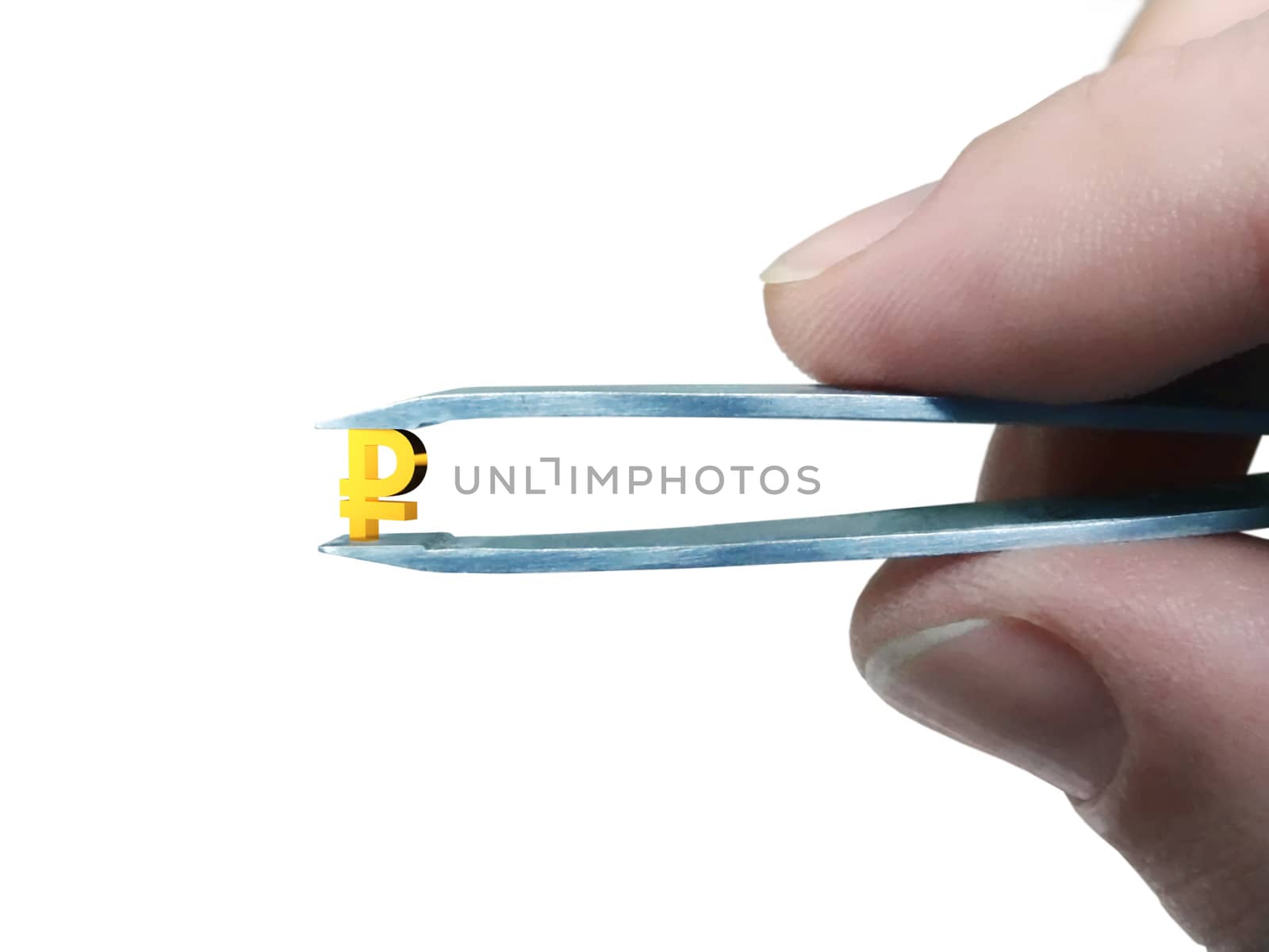 Micro ruble sign clamped in tweezers isolated on white background