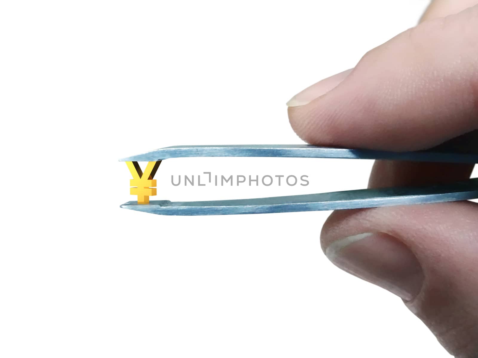 Micro yen sign clamped in tweezers isolated on white background