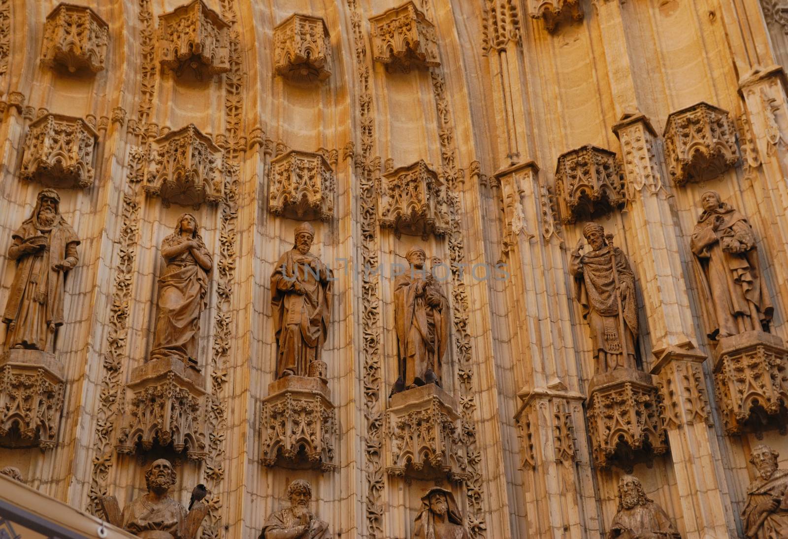 Detial of the door arch. The Cathedral of Saint Mary of the See (Spanish: Catedral de Santa Mar�a de la Sede), better known as Seville Cathedral, is a Roman Catholic cathedral in Seville (Andalusia, Spain). It is the largest Gothic cathedral and the third-largest church in the world.