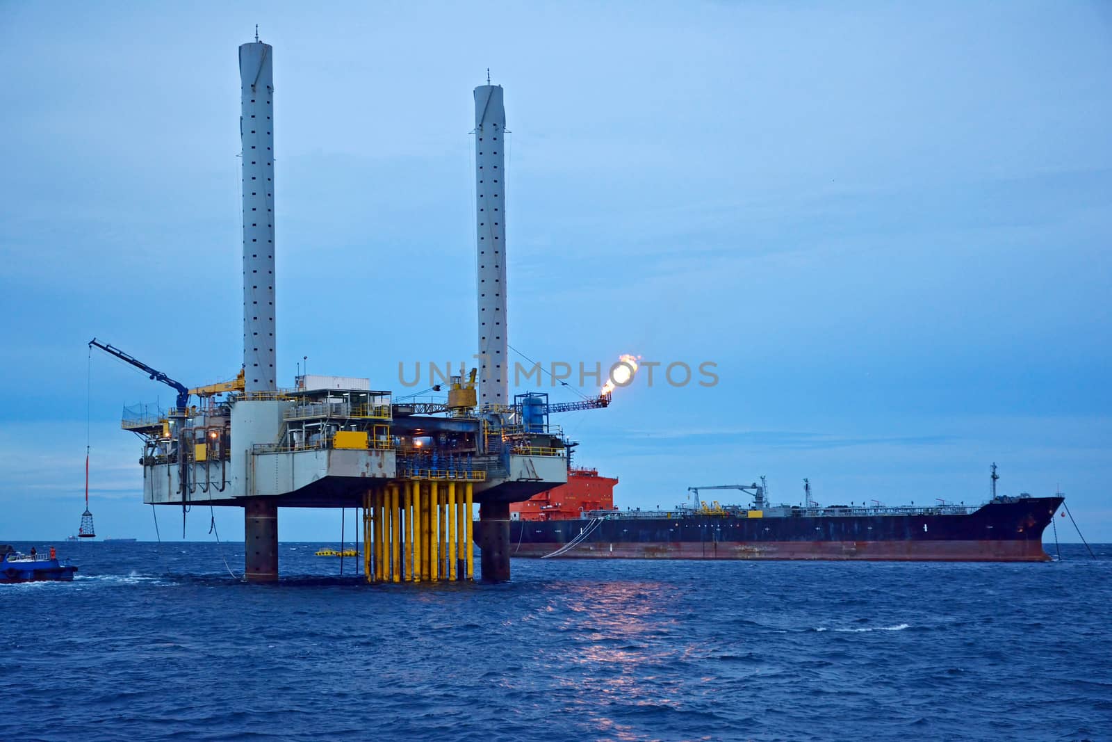 The offshore oil rig in early morning, Gulf of Thailand.