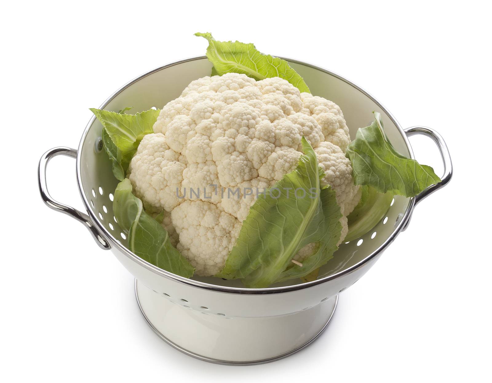 Head of cauliflower in the white enamel metal collander