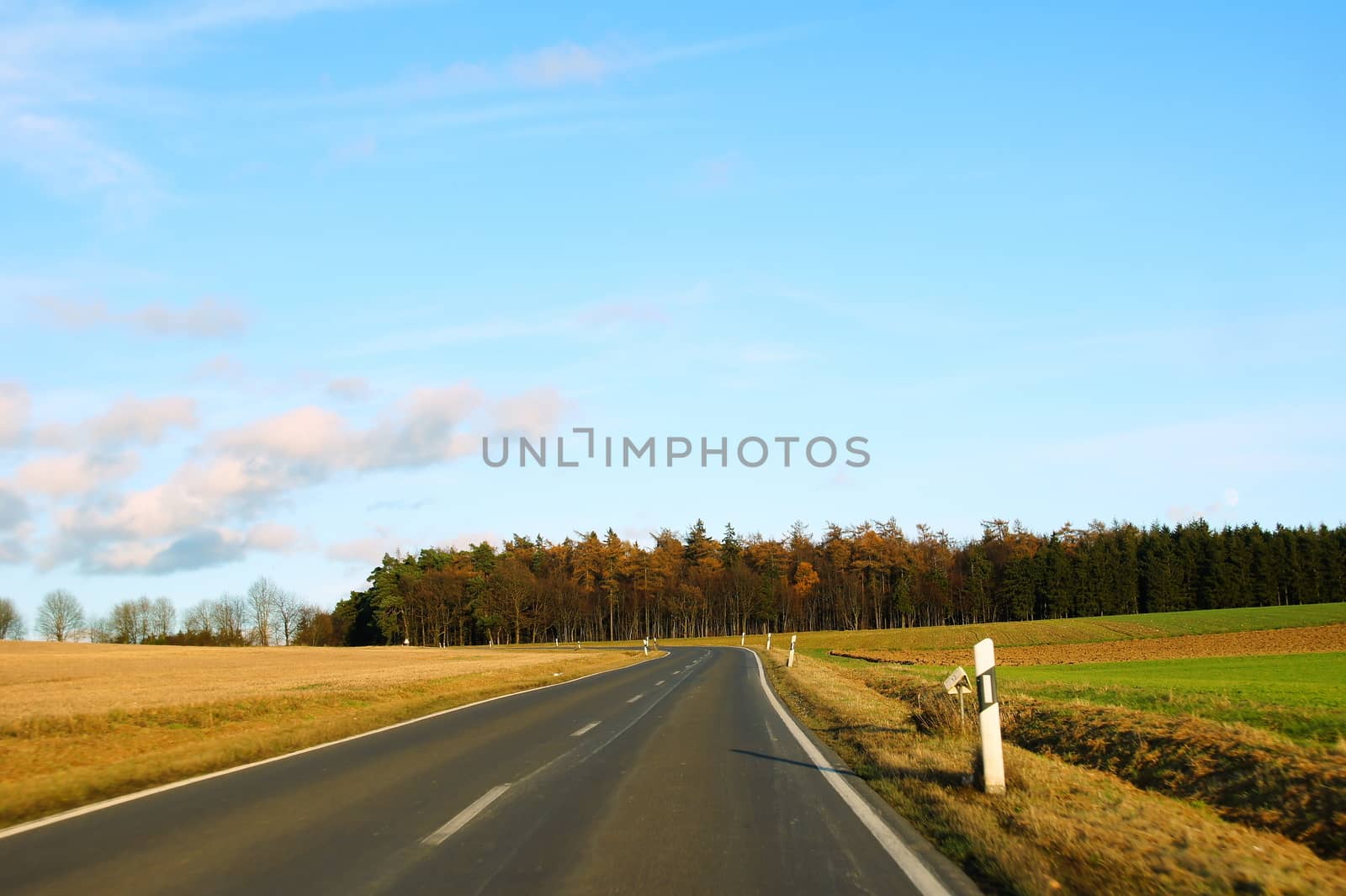 Country road in the Hunsrück, right and left autumnal fields, on the horizon forest