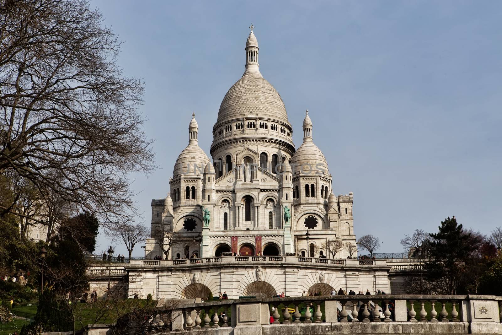 Basilica Sacre Coeur in Paris is a popular landmark, the basilica is located at the summit of the butte Montmartre, the highest point in the city.