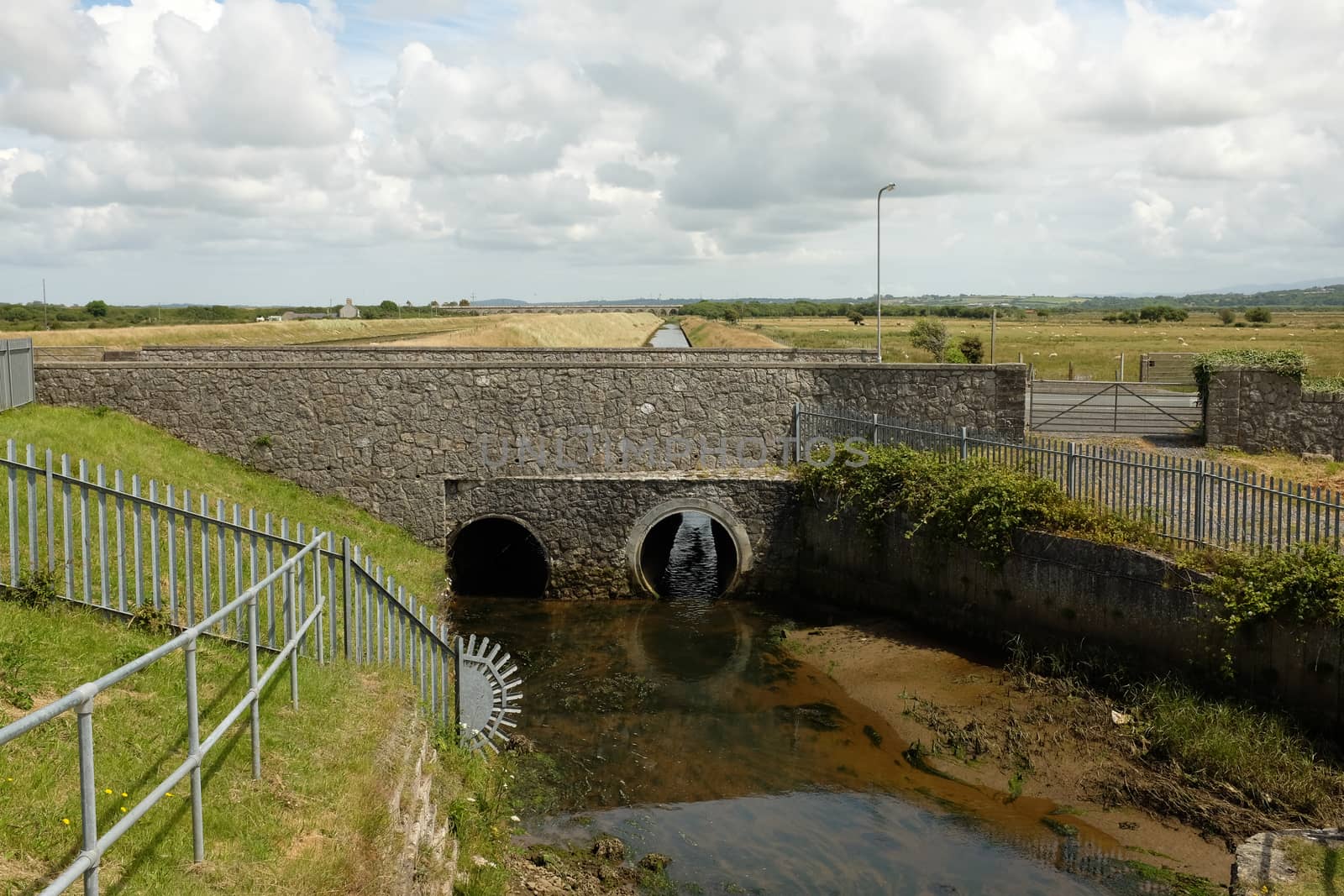 A river flows from marshland through a pair of tunnels under a stone bridge.