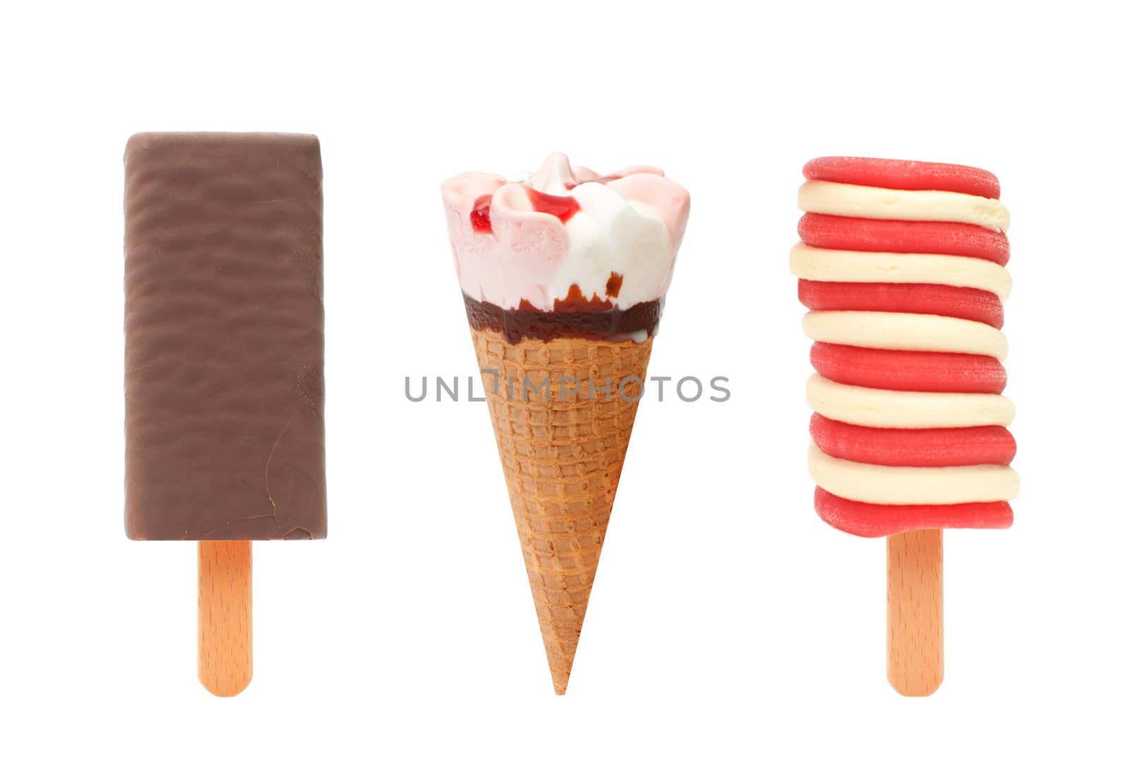 Three different flavored ice lollies and ice cream cone over a white background