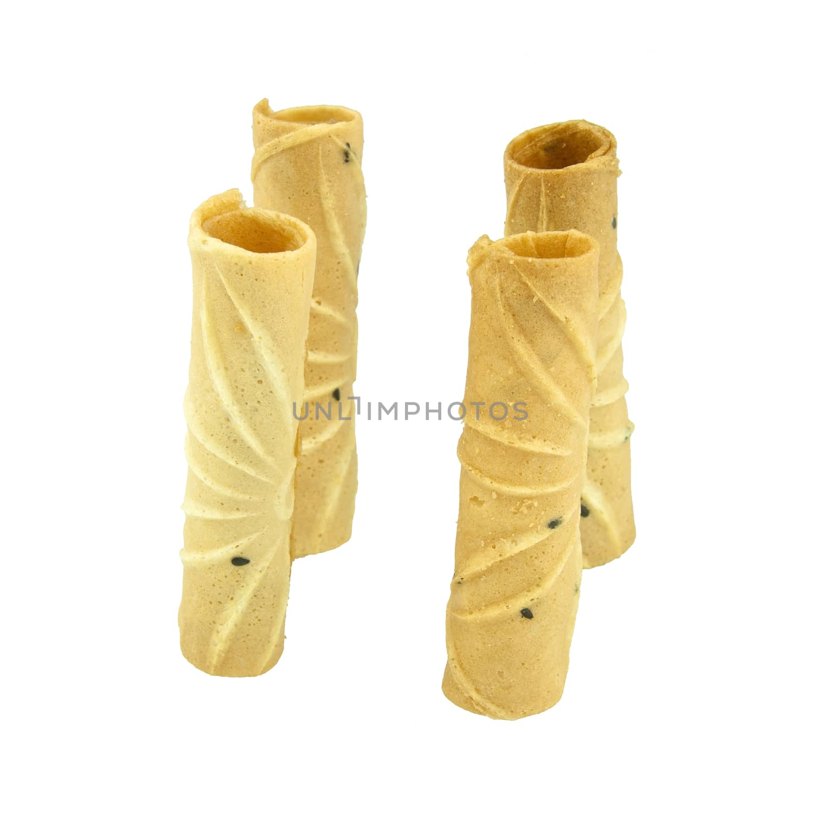 Tong Muan is a type of rolled wafer traditional dessert in Thailand put as pole isolated on white background.