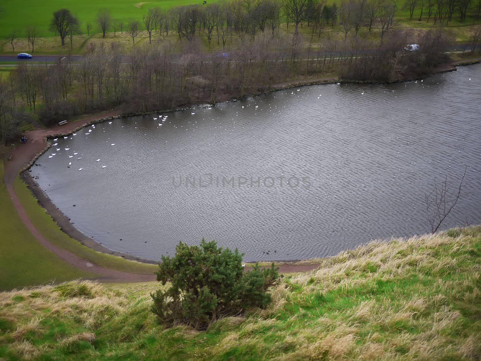 Park with lake in Edinburgh, view from mountain