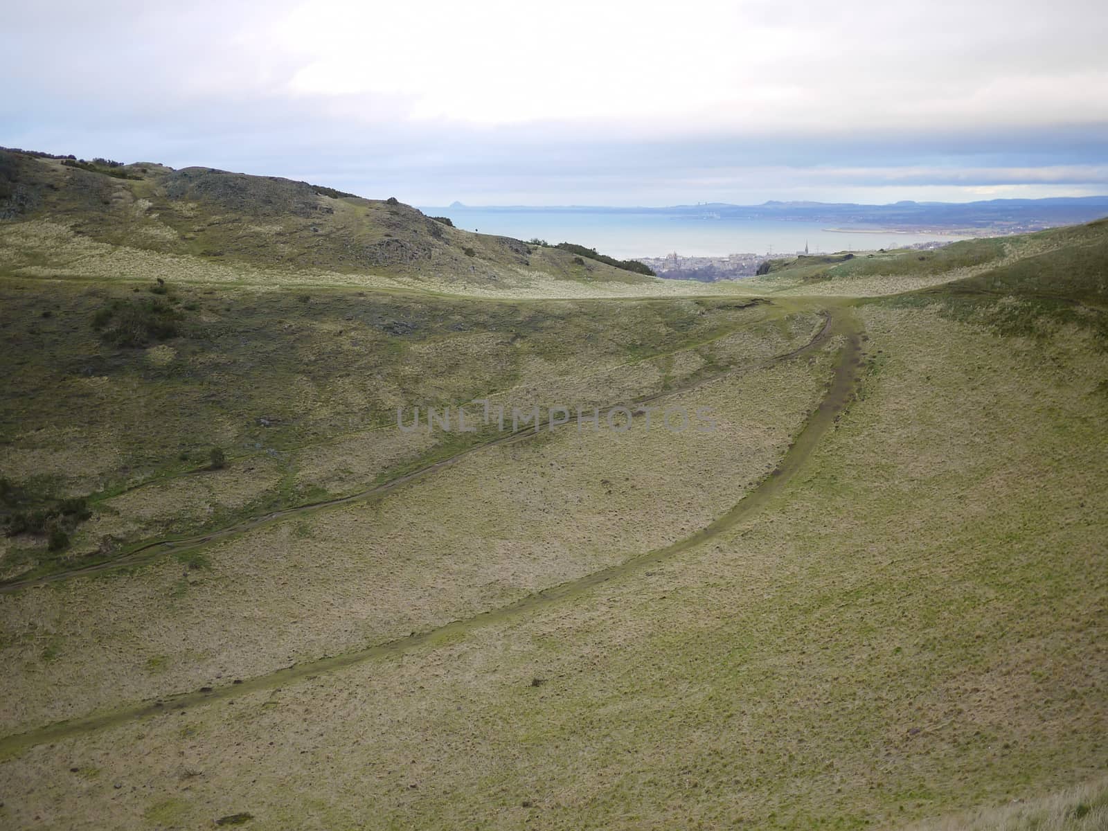 Scottish Highlands, mountain valley with blue sky