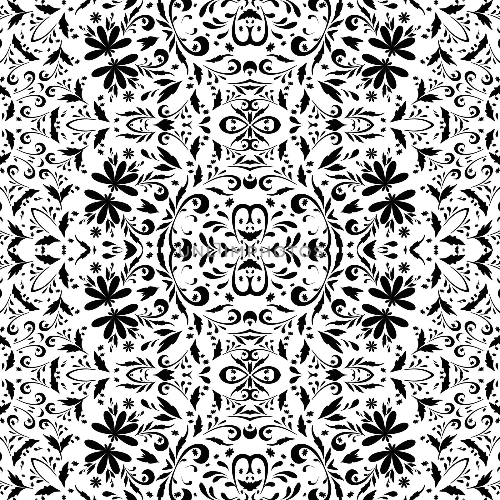 Seamless floral pattern, black contours isolated on white background.