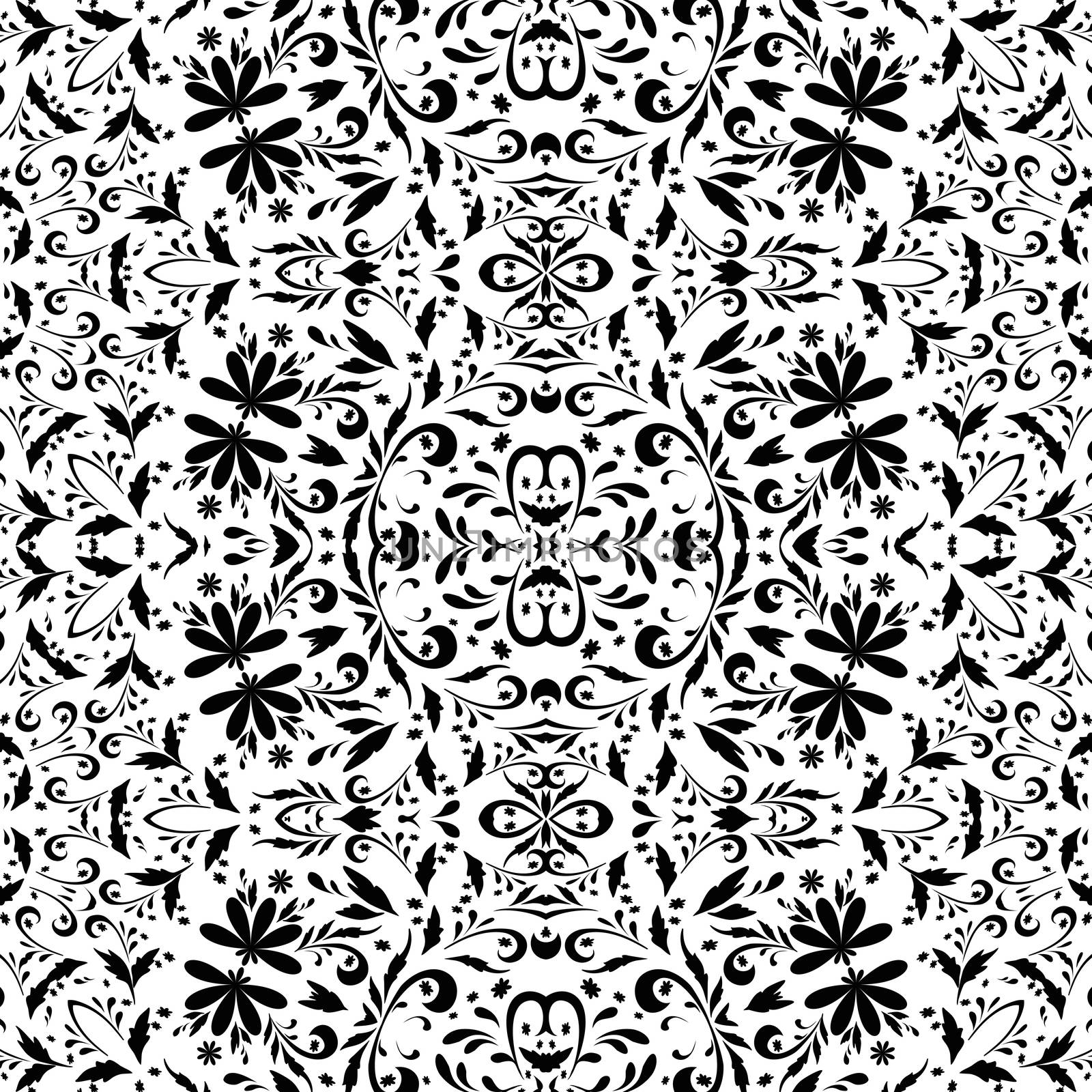 Seamless floral pattern, black contours isolated on white background.