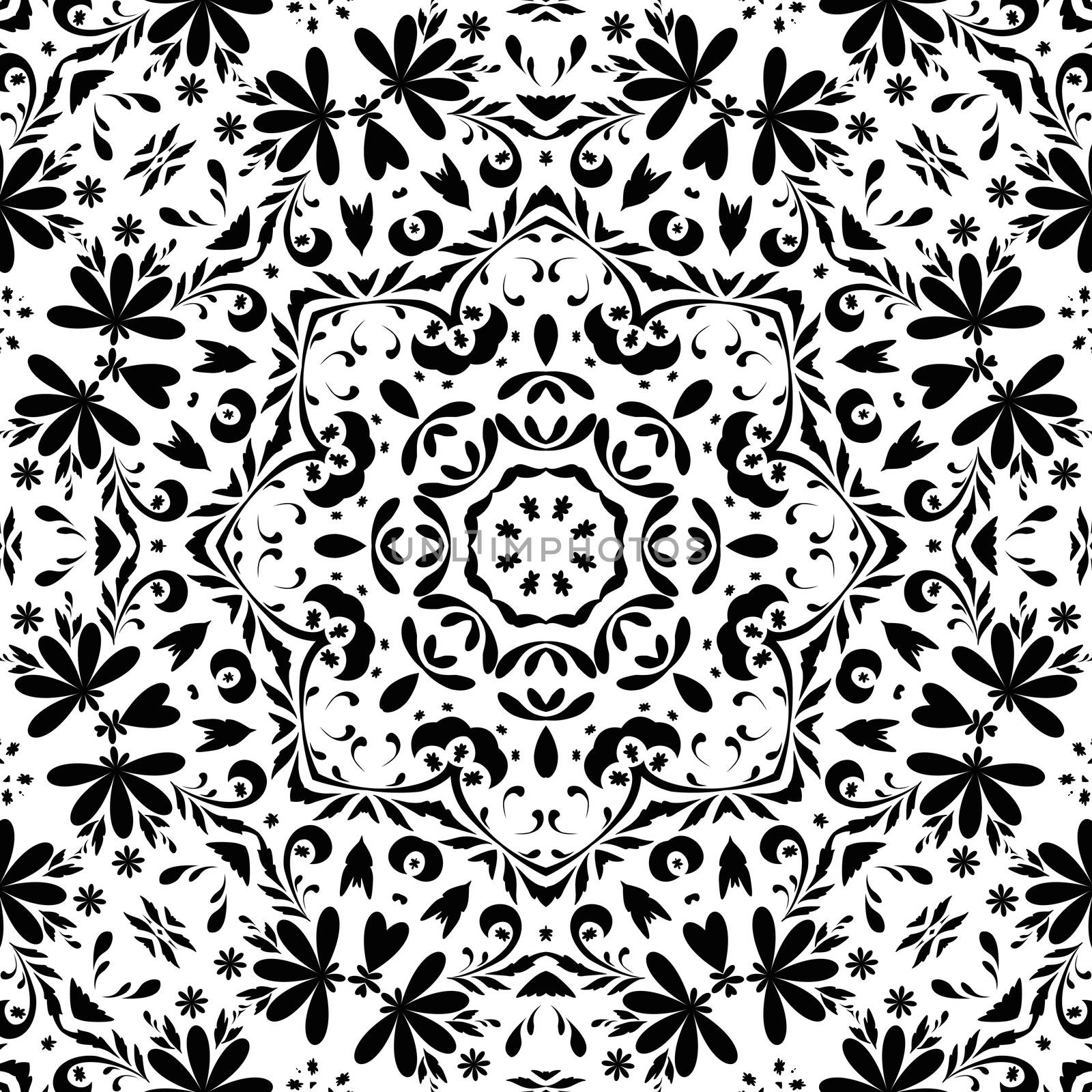 Seamless floral pattern, black contours isolated on white background.