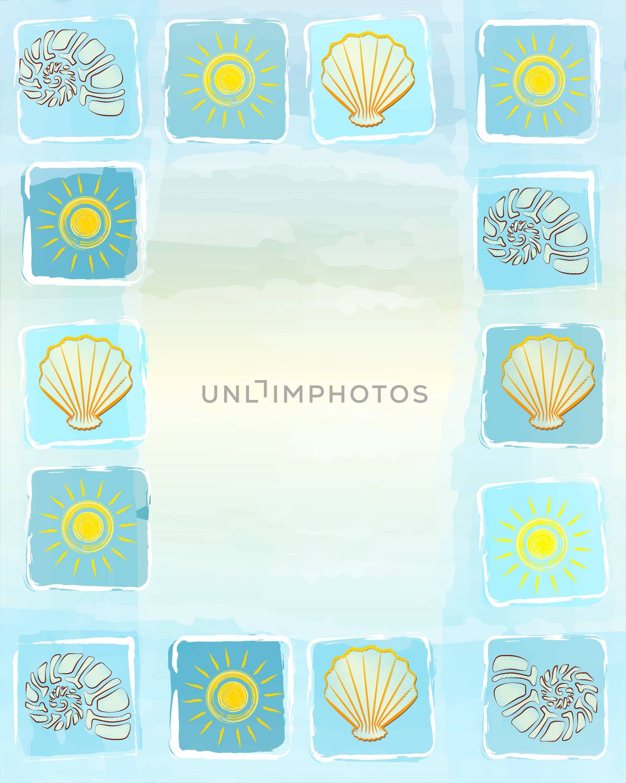 summer frame background with suns, shells and scallops in square by marinini