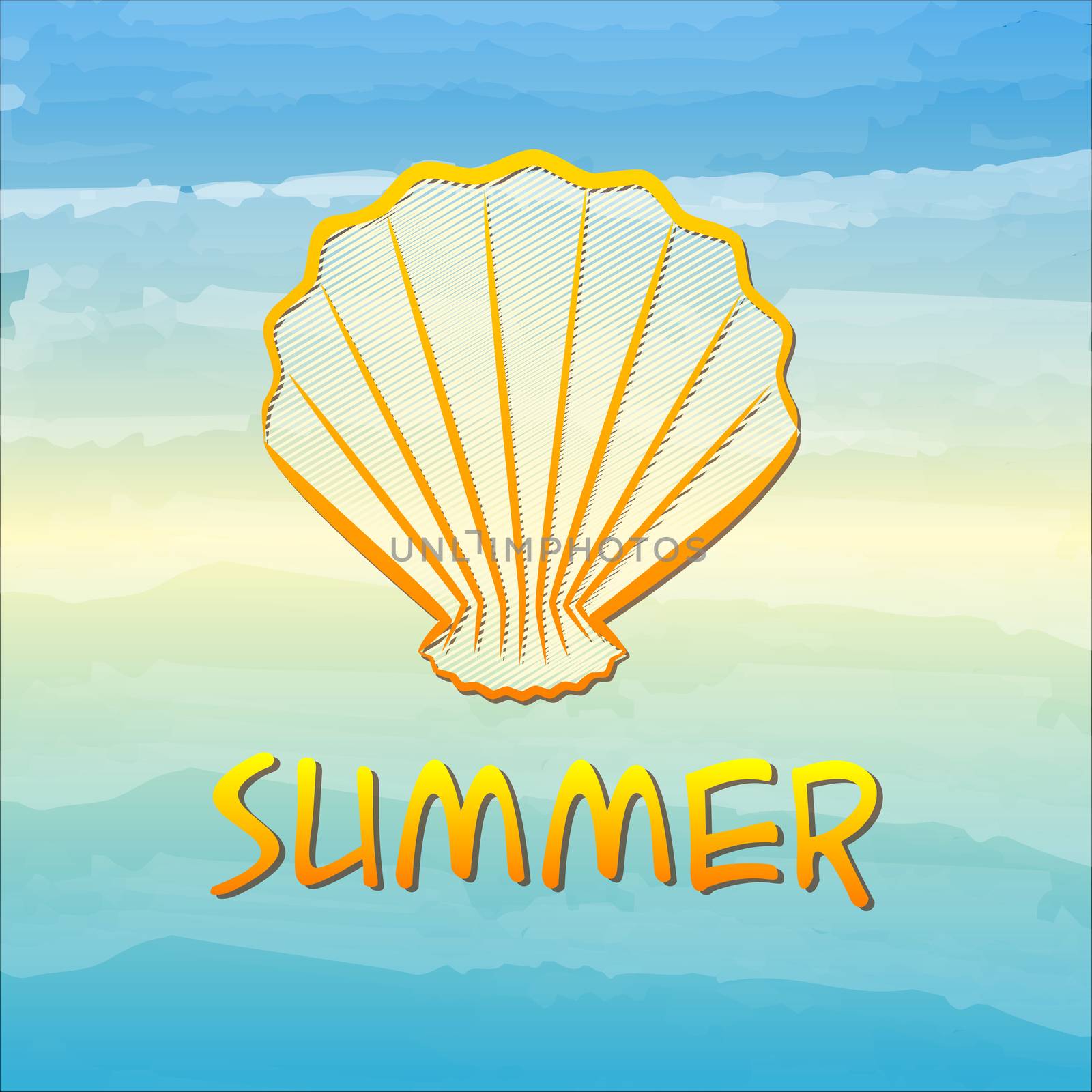 label with text summer and drawn shell over blue sea gradient