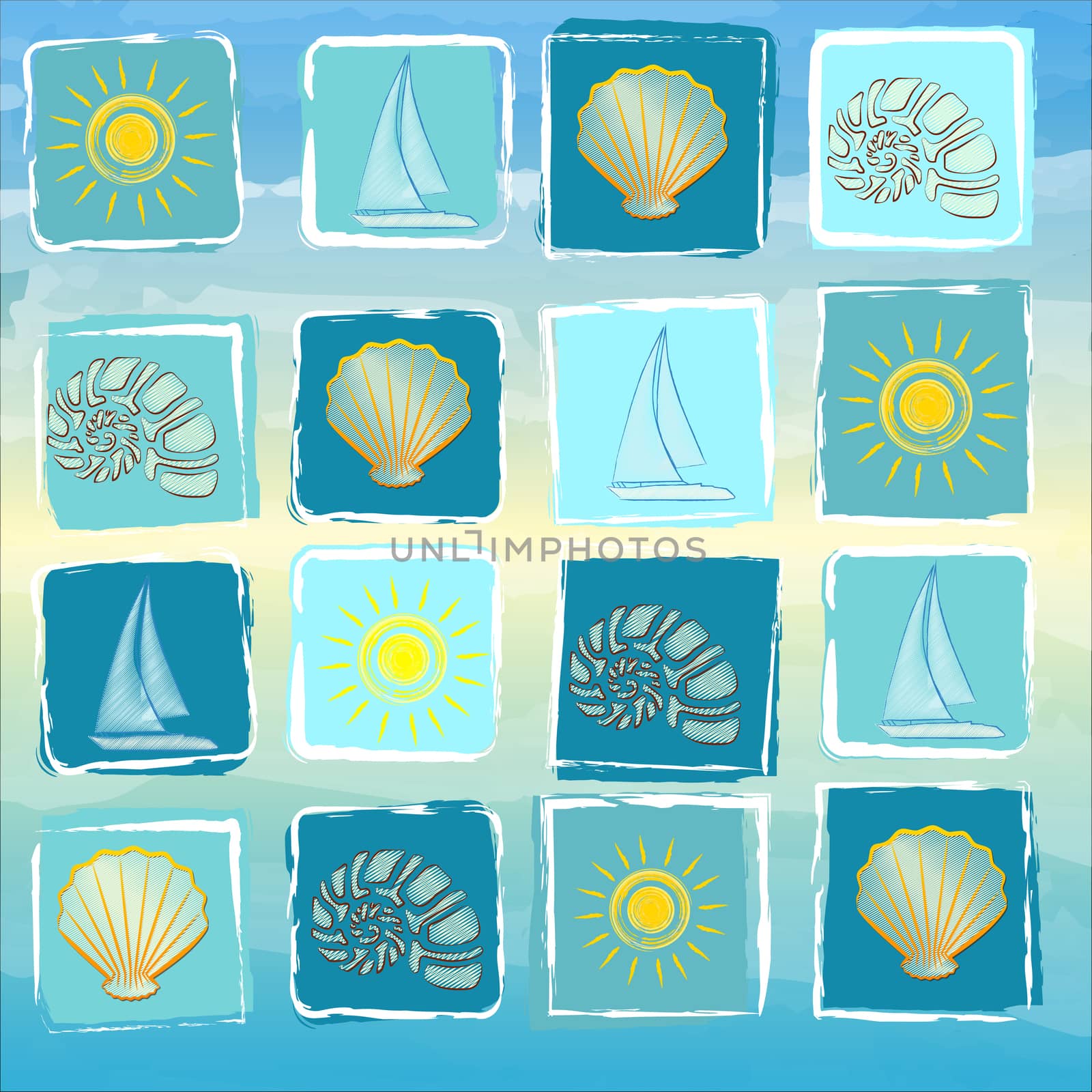 abstract blue summer background with drawn yellow suns, boats, shells, scallops and conchs in squares