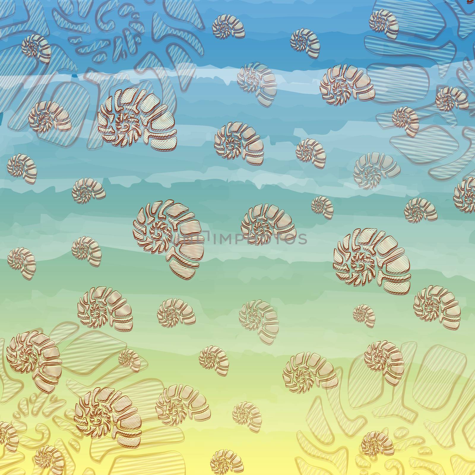 summer sea background and drawn striped conchs over blue yellow gradient