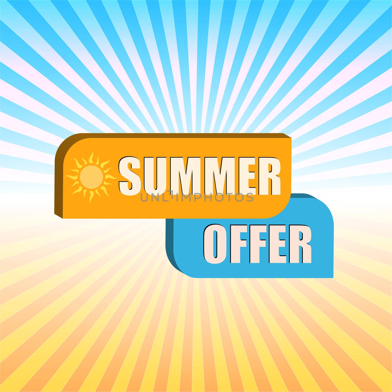 summer offer - orange and blue box over gradient rays, business label