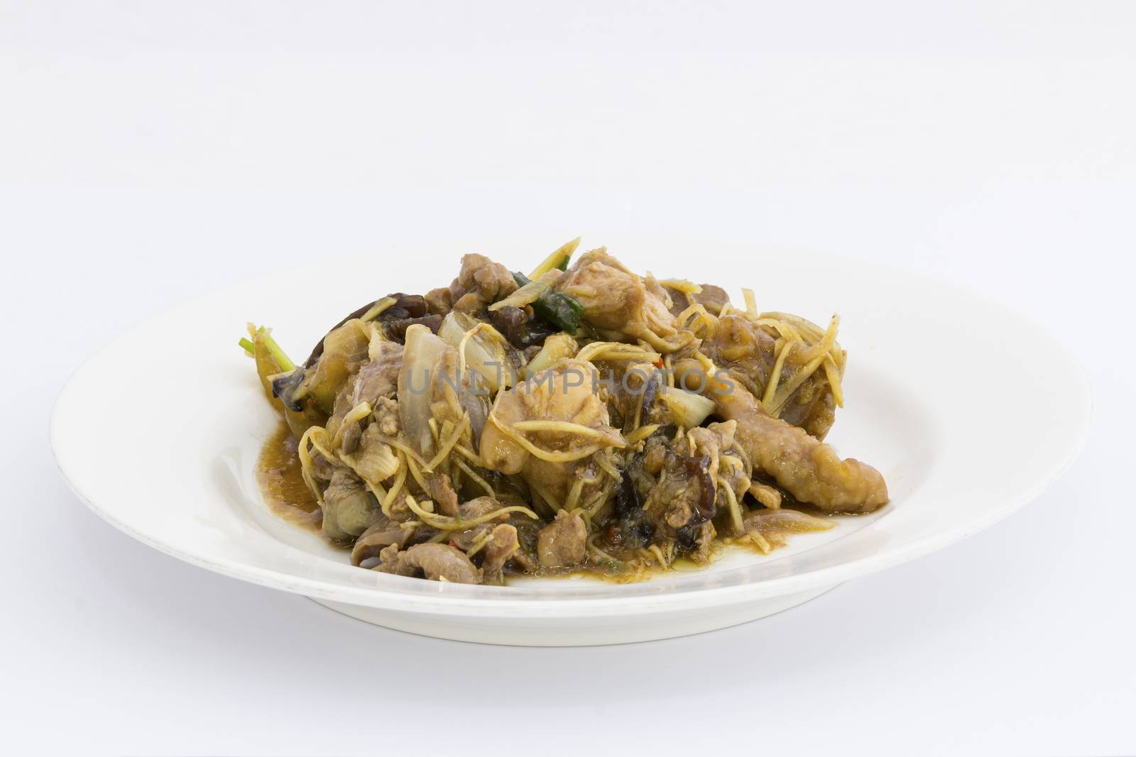 Stir fried chicken with ginger, ear mushroom on white background