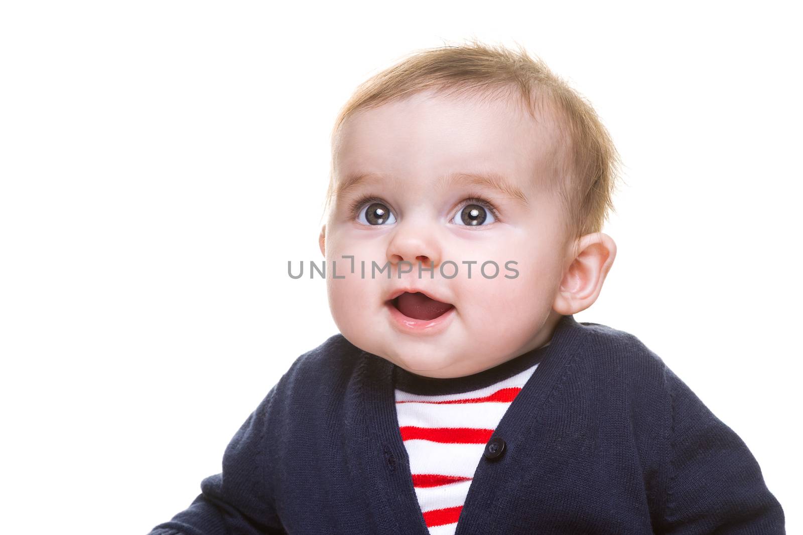 Portrait of Beautiful Happy Baby Girl in Blue White Red Outfit Isolated