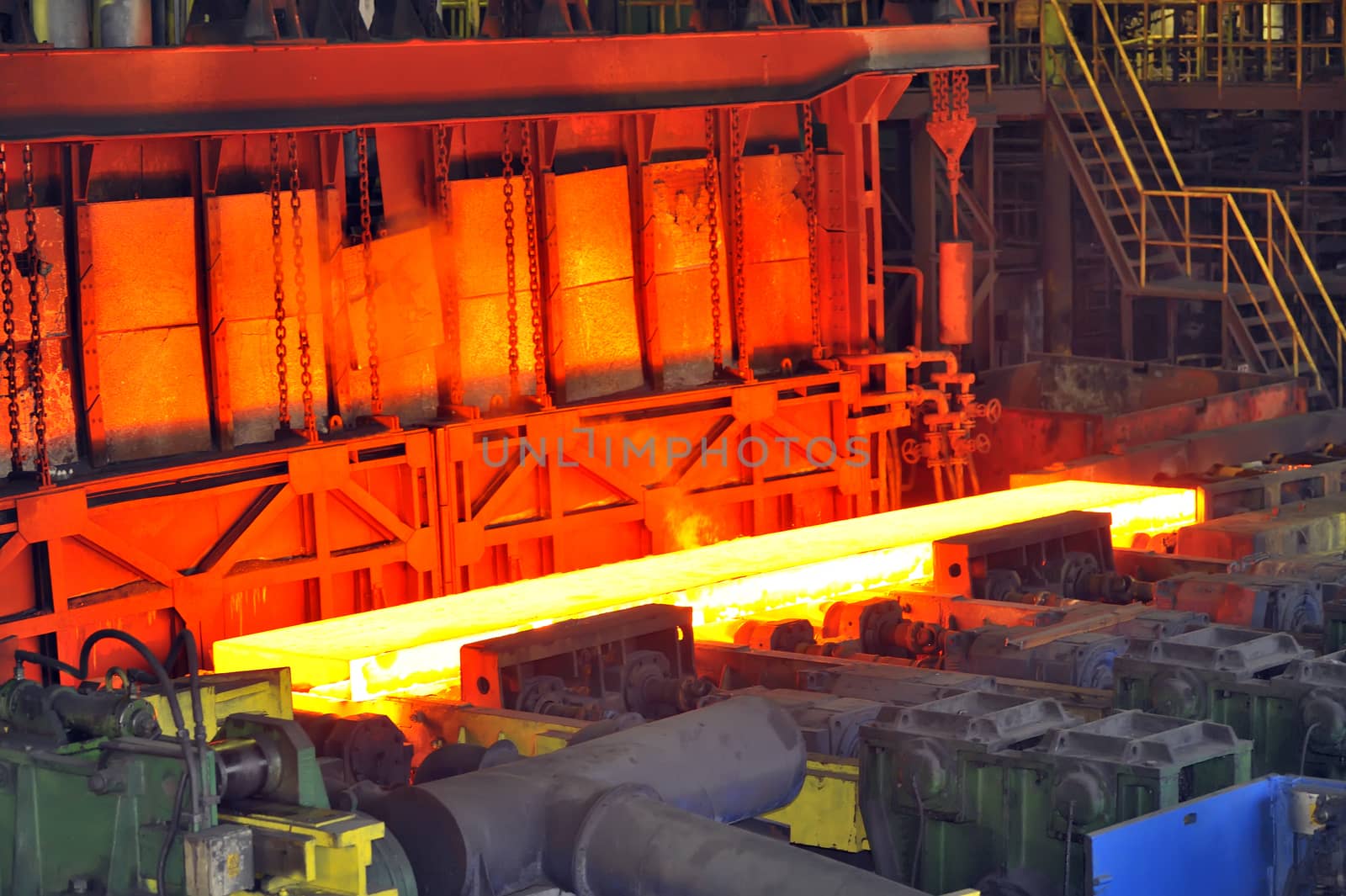 hot steel on conveyor in plant