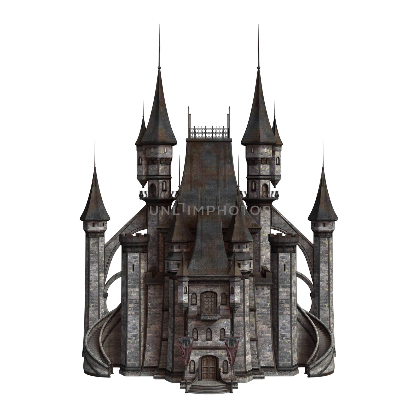 3D digital render of an old fairytale castle isolated on white background