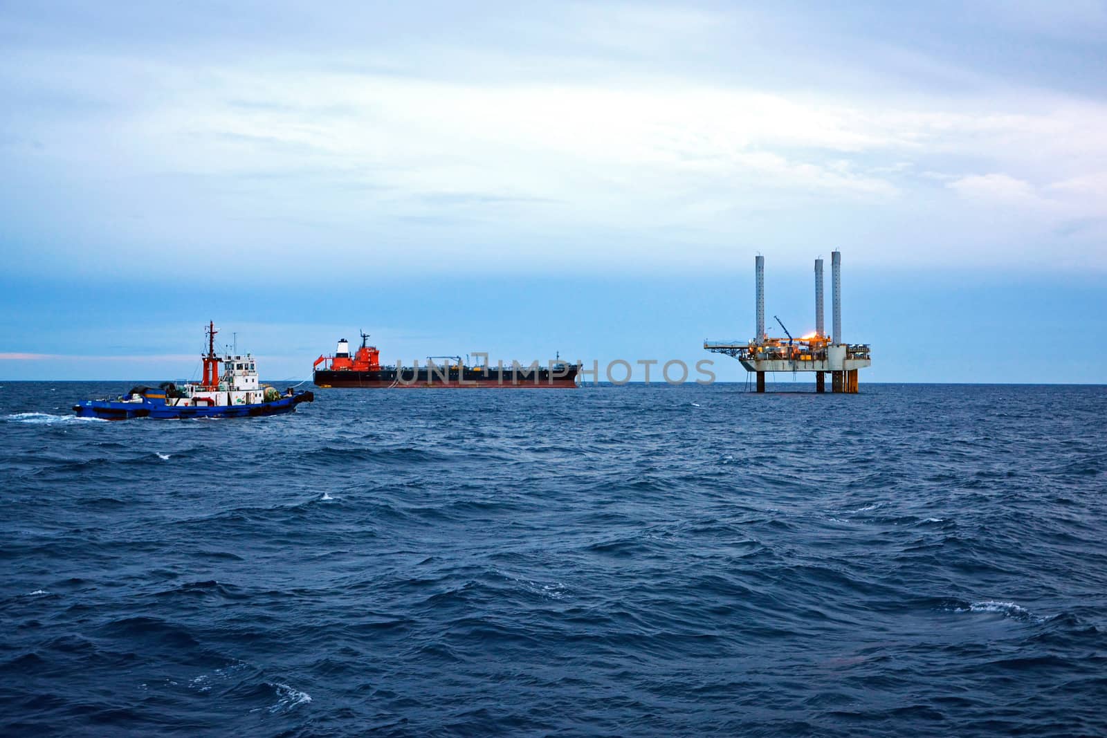 The offshore oil rig in early morning, Gulf of Thailand.