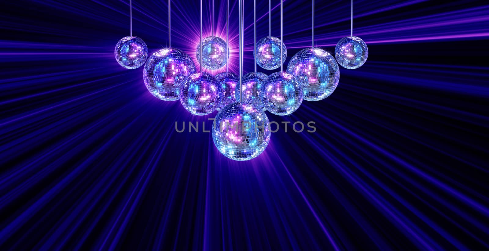 Colorful funky background with mirrored glitter disco balls for party