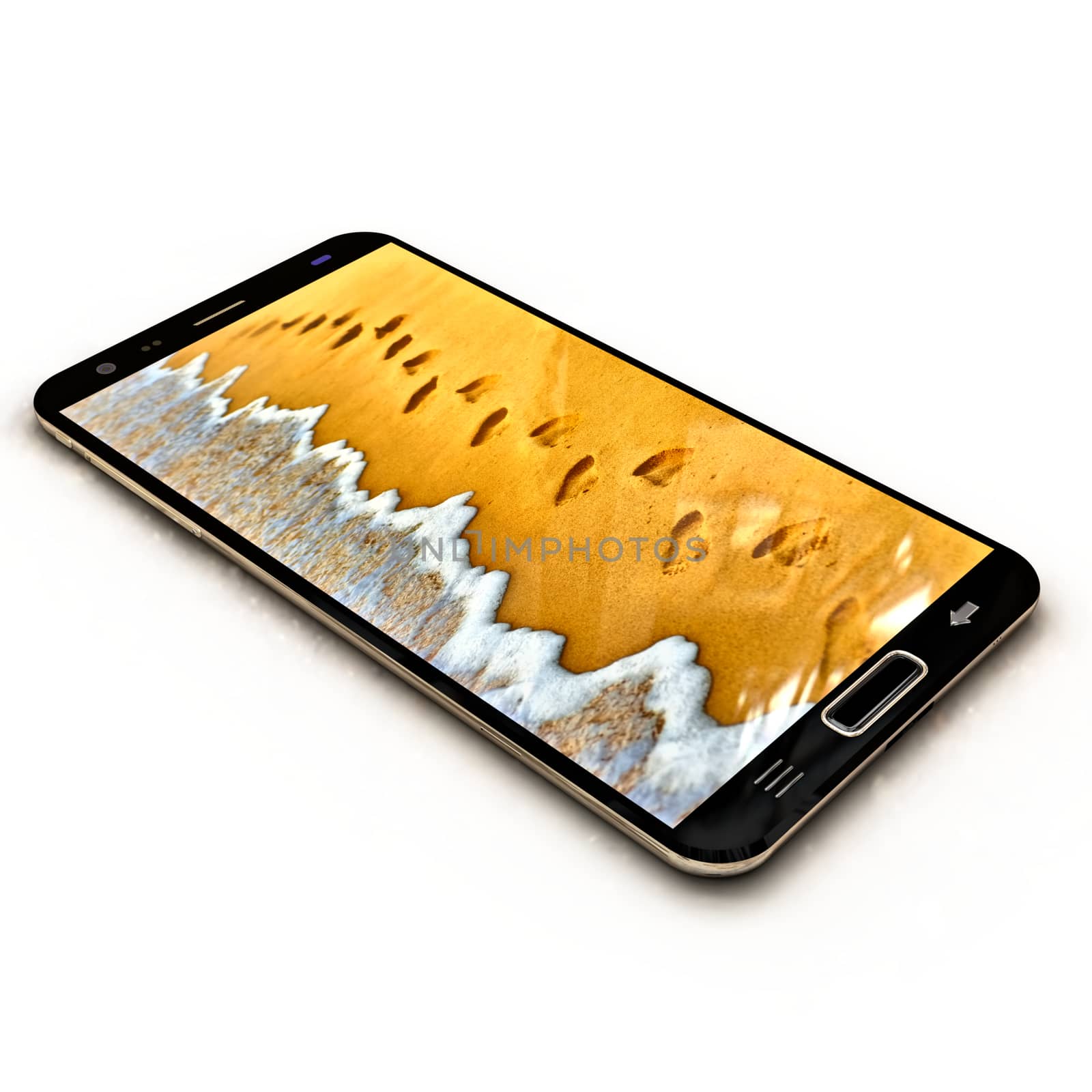 Modern smart phone with full screen background image. Image contains ocean wave wash away human footprints on sand at the beach.