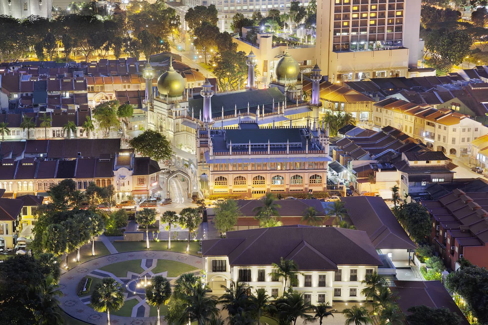 Sultan Mosque in Malay Kampong Glam at Night Aerial View