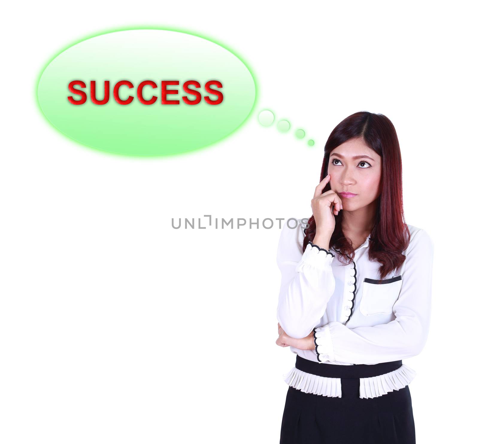 Business woman thinking about success isolated on white background