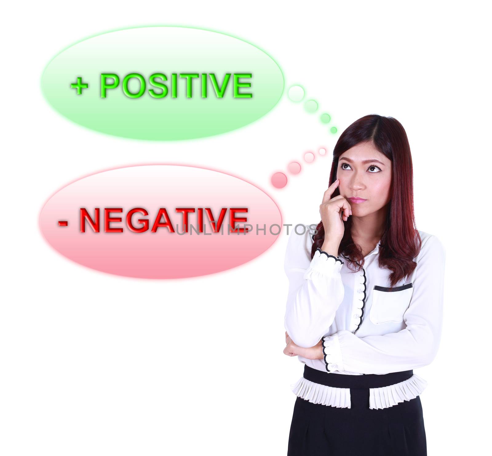 Business woman thinking about positive and negative thinking by geargodz