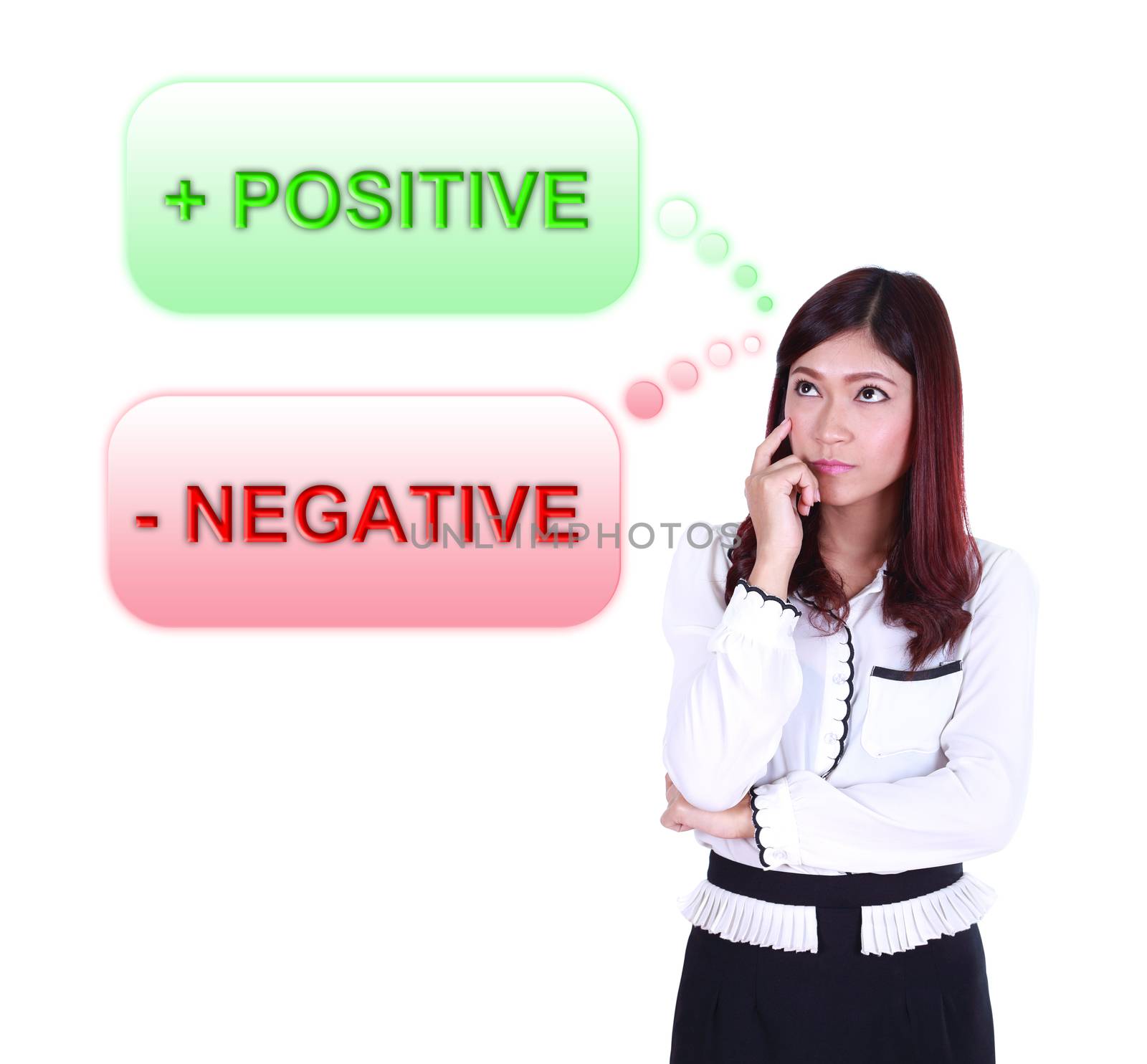 Business woman thinking about positive and negative thinking  by geargodz