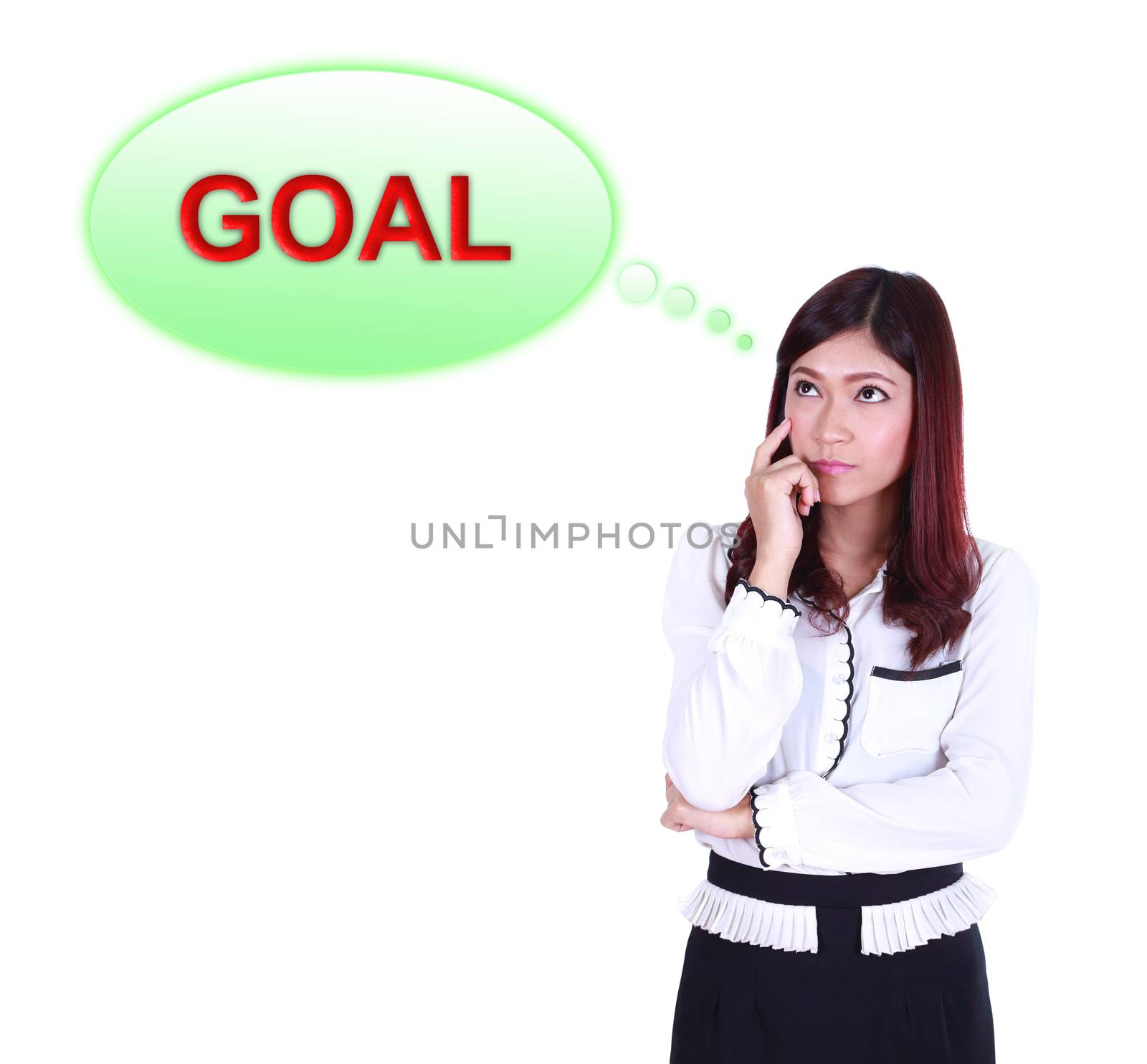 Business woman thinking about goal isolated on white background