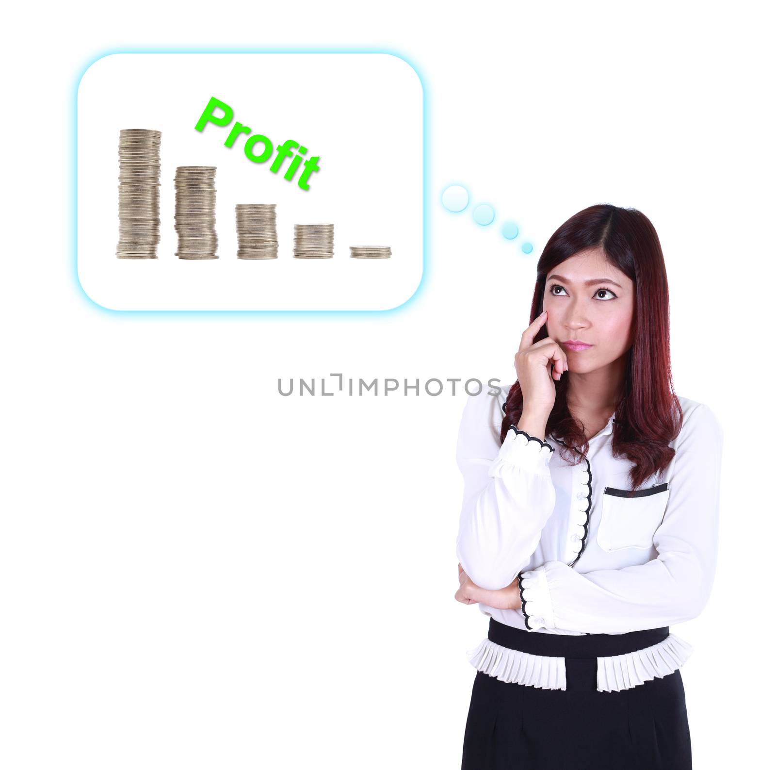 Business woman thinking about profit and coin graph by geargodz