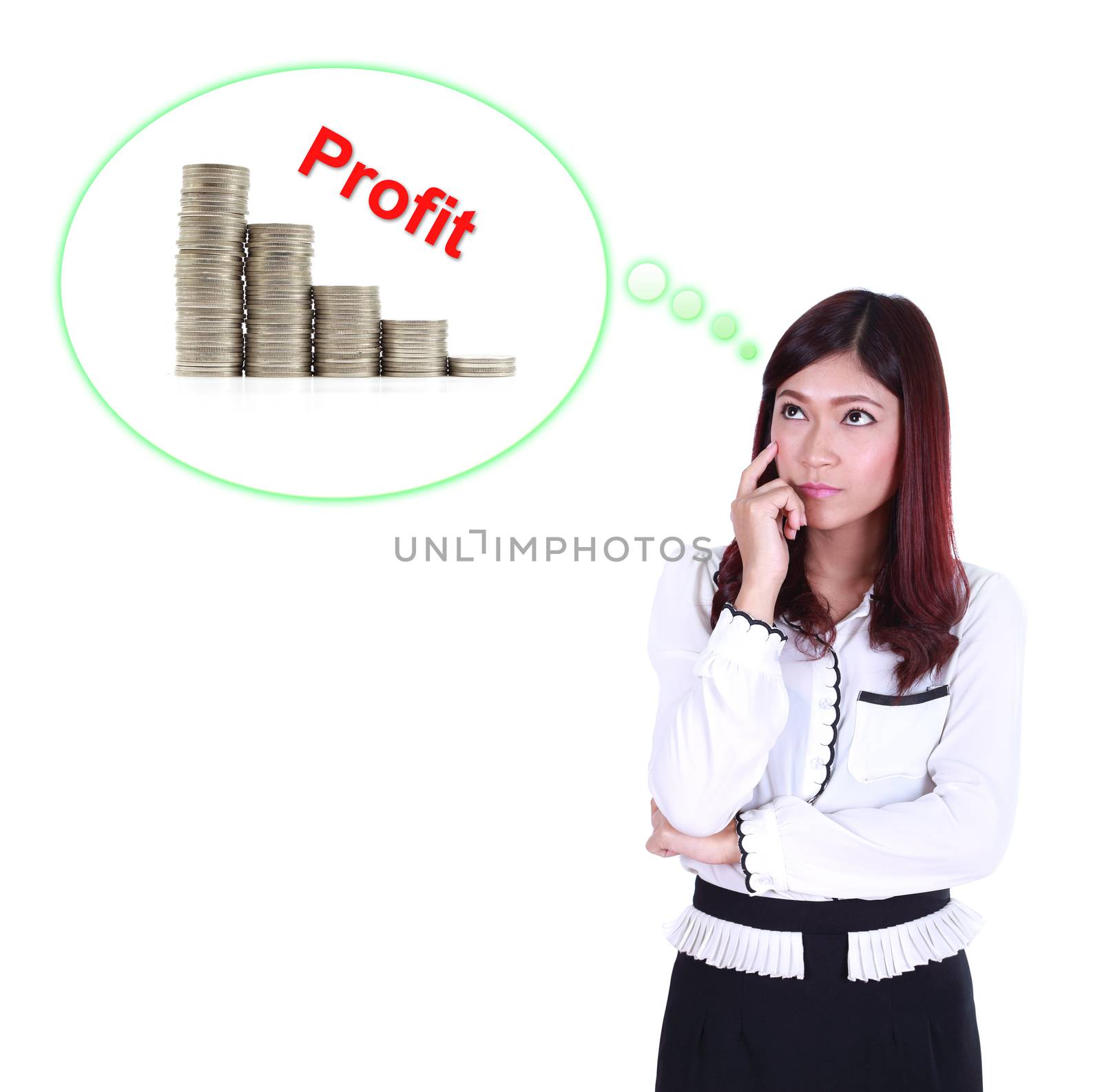 Business woman thinking about profit and coin graph isolated on white background