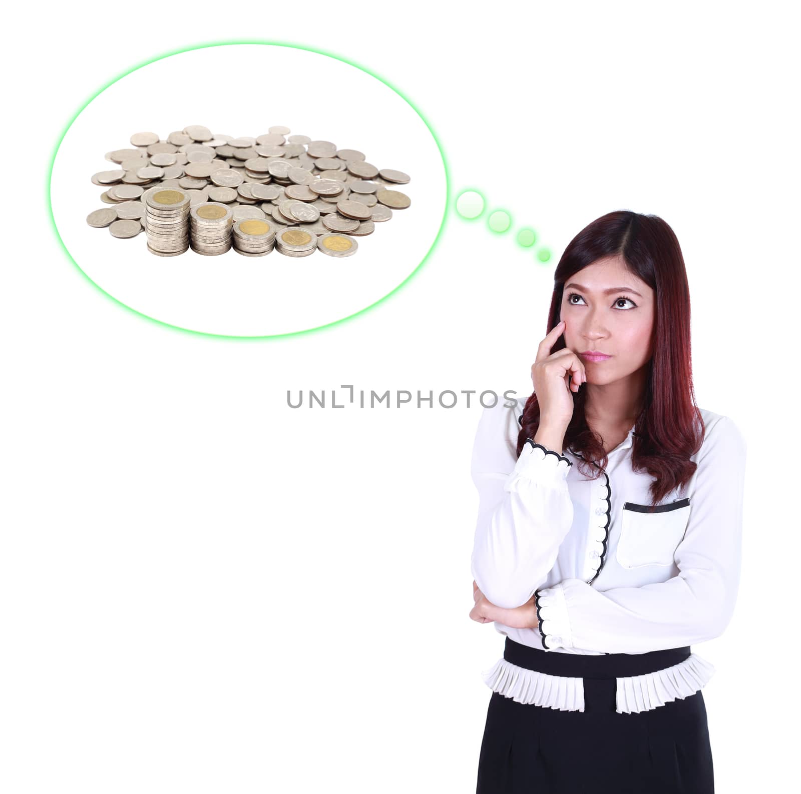 Business woman thinking about Piles of coins by geargodz