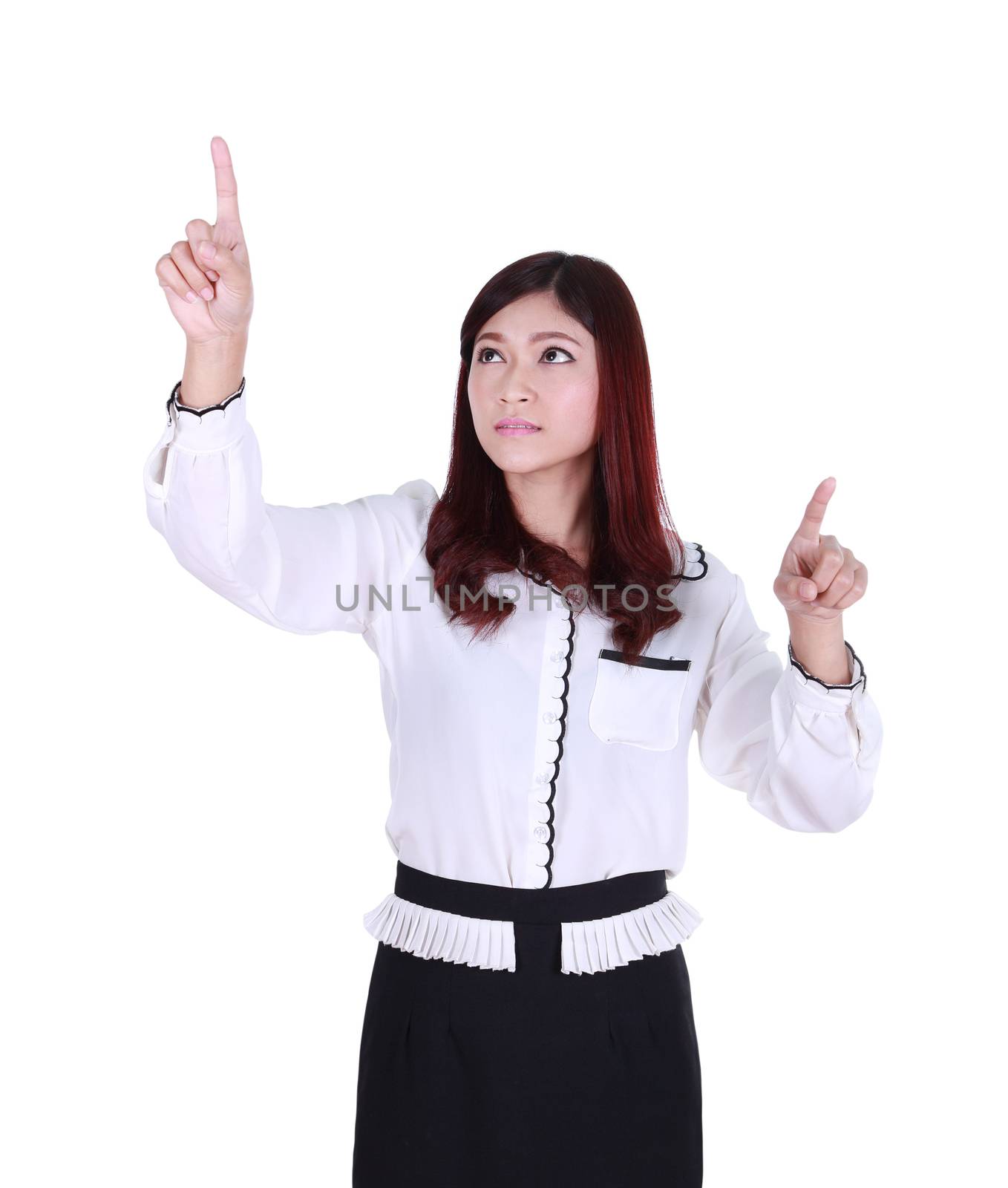 business woman pressing button or something on white background