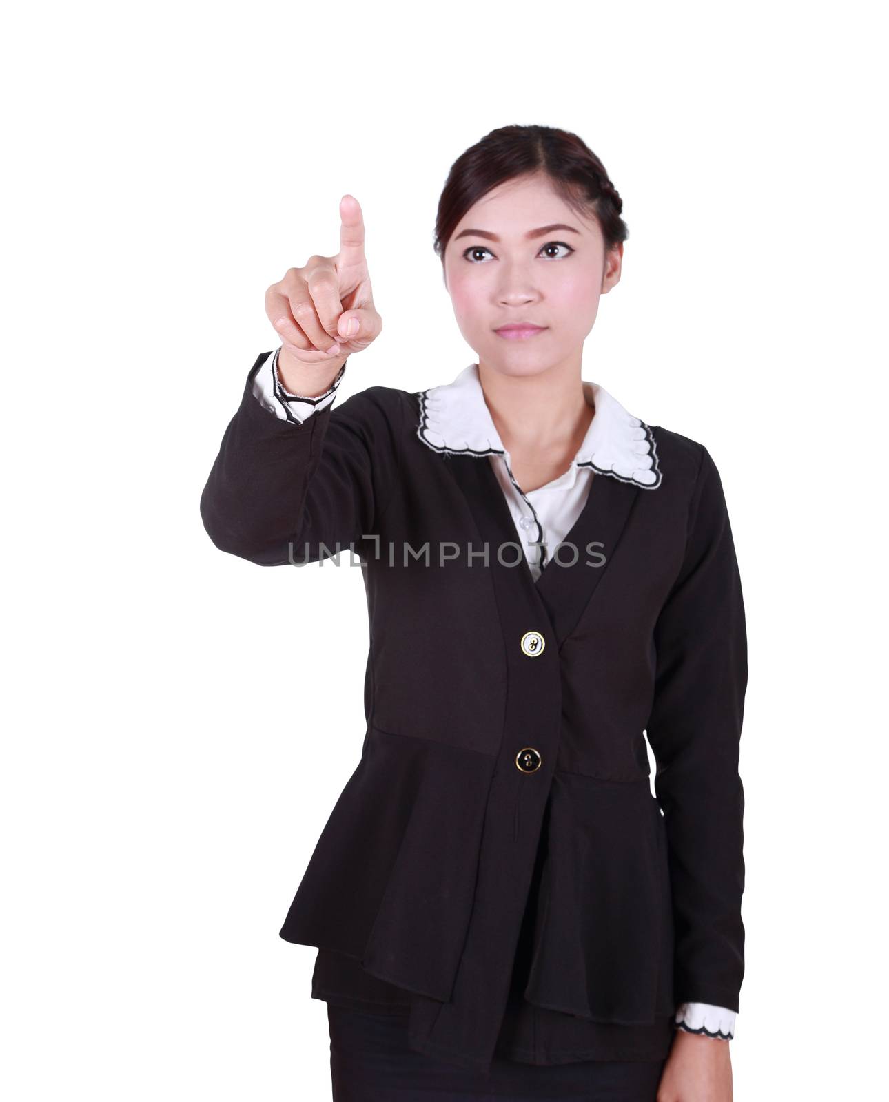 business woman pressing button or something on white background