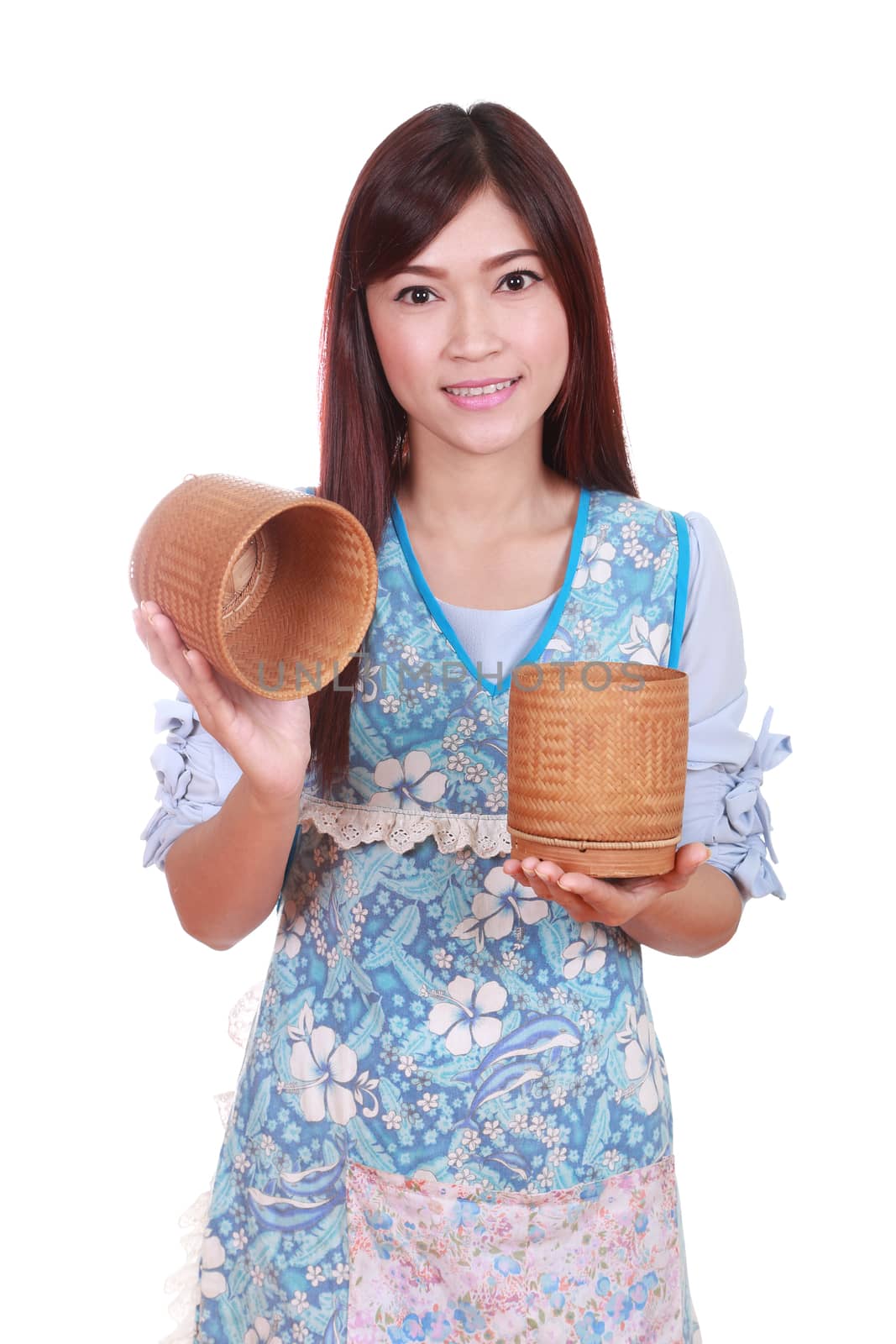 female chef with bamboo rice box isolated on white background