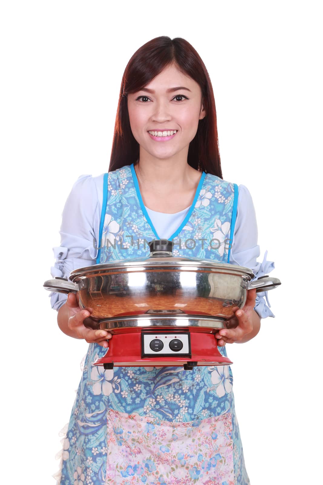 housewife with suki pot isolated on white background