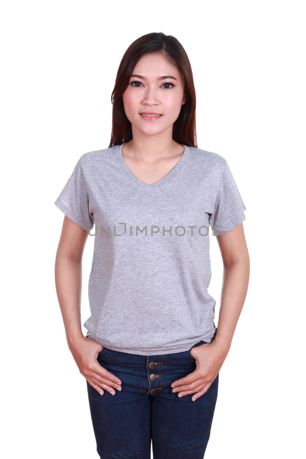 young beautiful female with blank gray t-shirt isolated on white background
