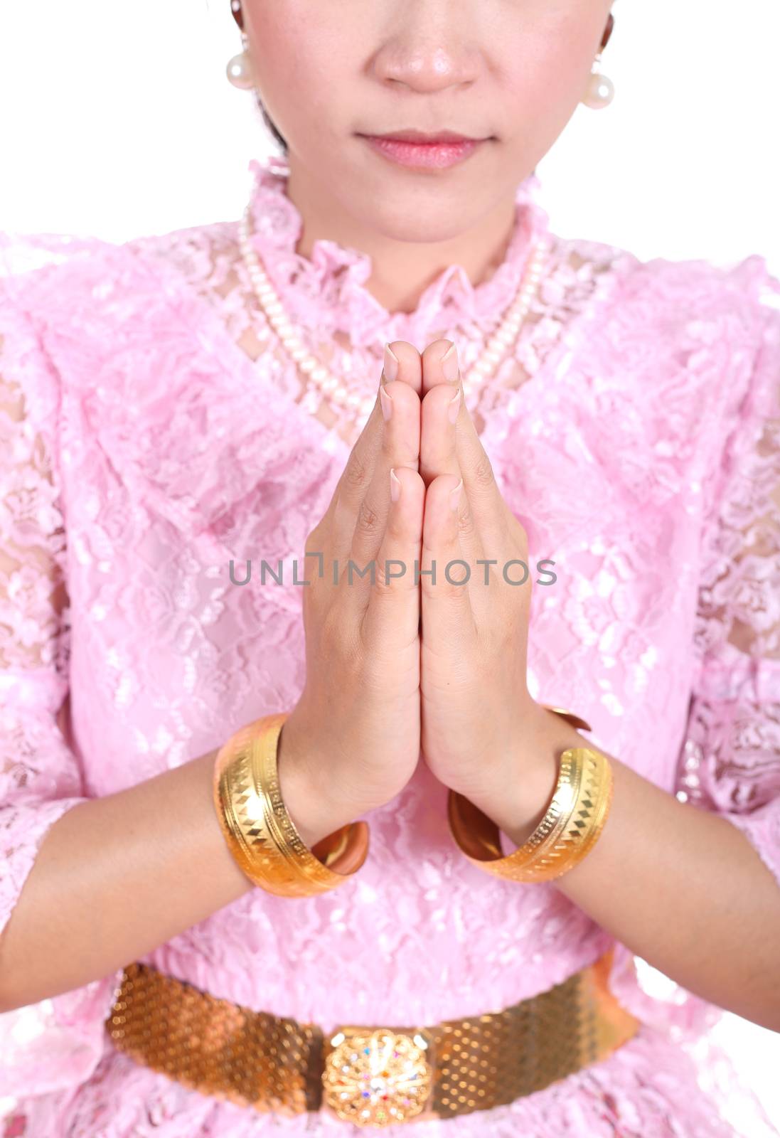 close-up pay respect of woman with thai dress