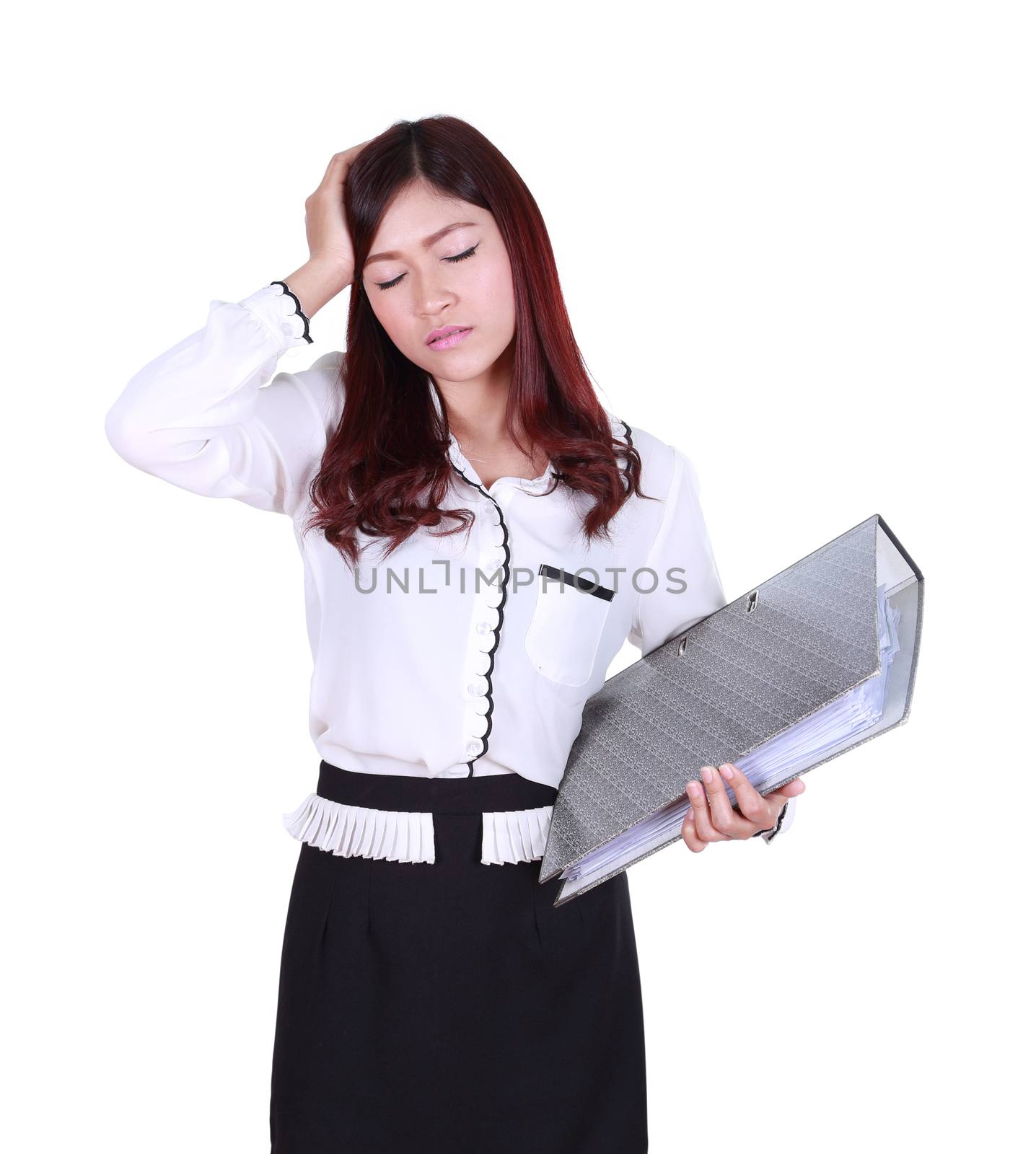 business woman with pain and folder documents isolated on white background