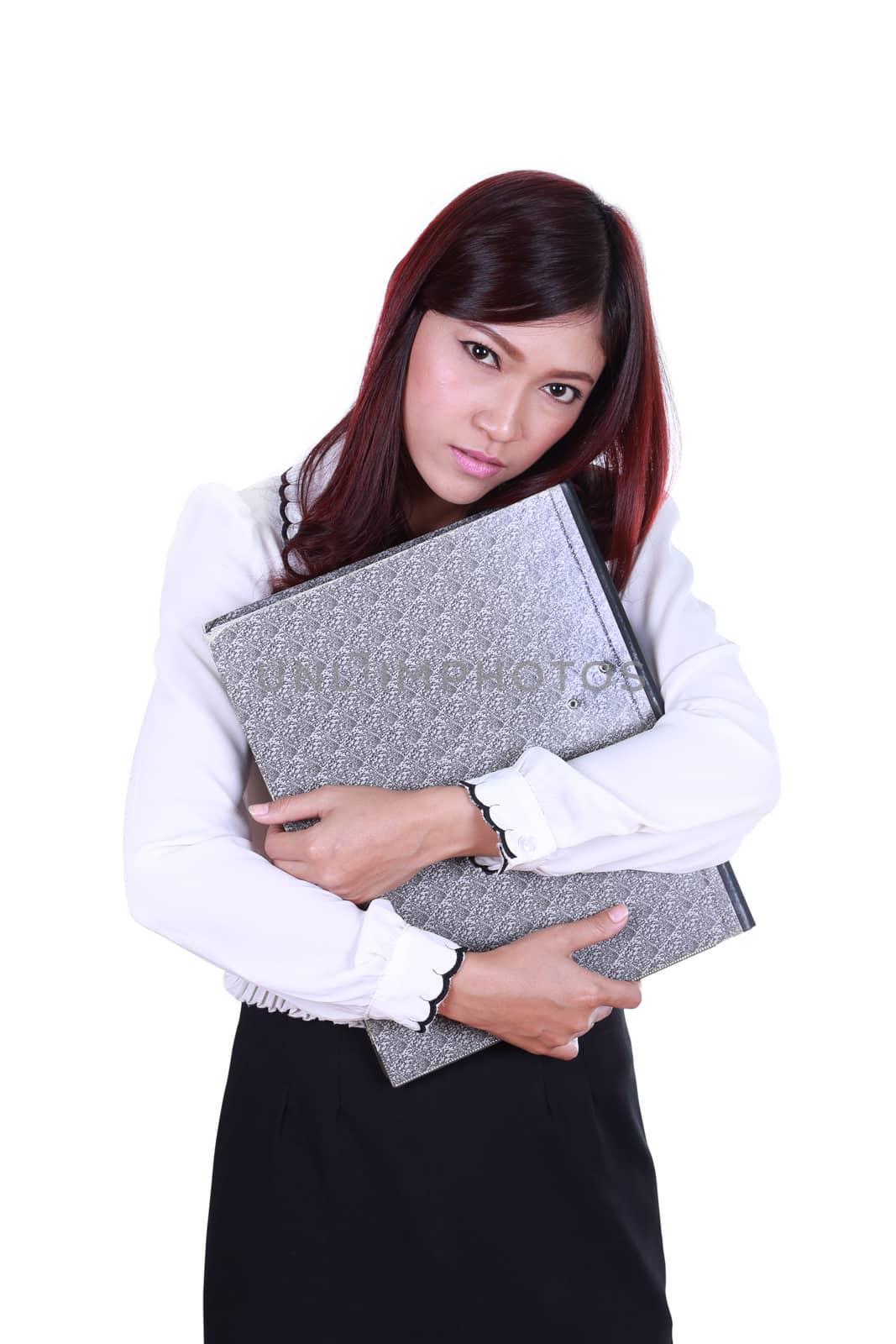 business woman holding folder documents isolated on white background