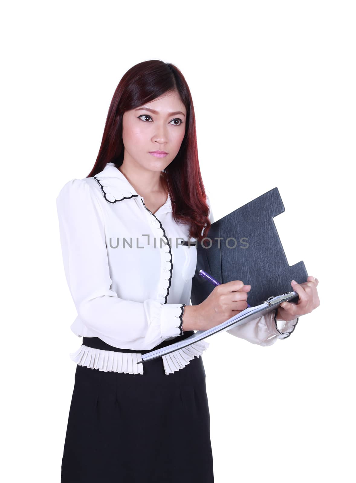 business woman write information on clipboard isolated on white background