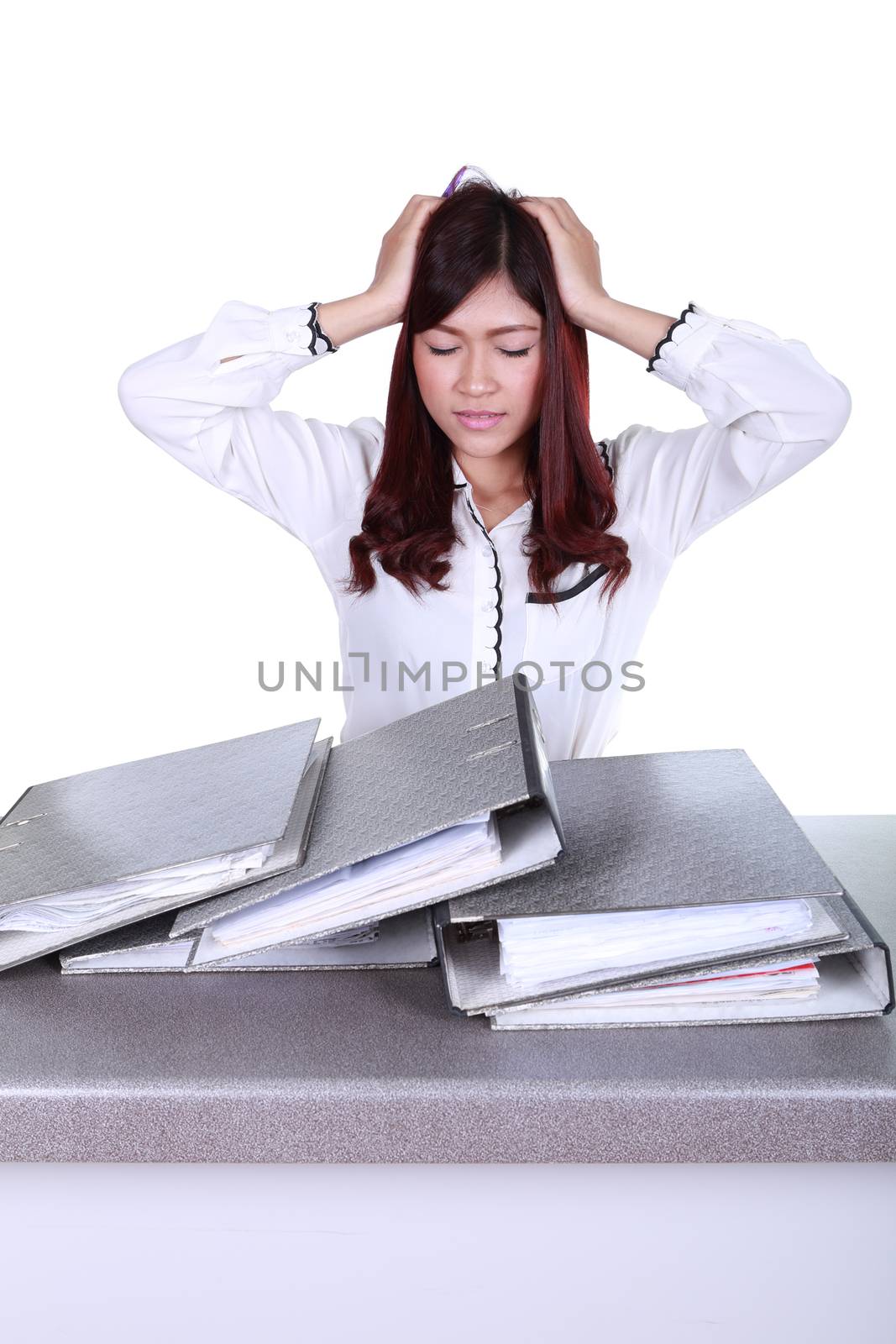 business woman worried with folder documents on desk  by geargodz