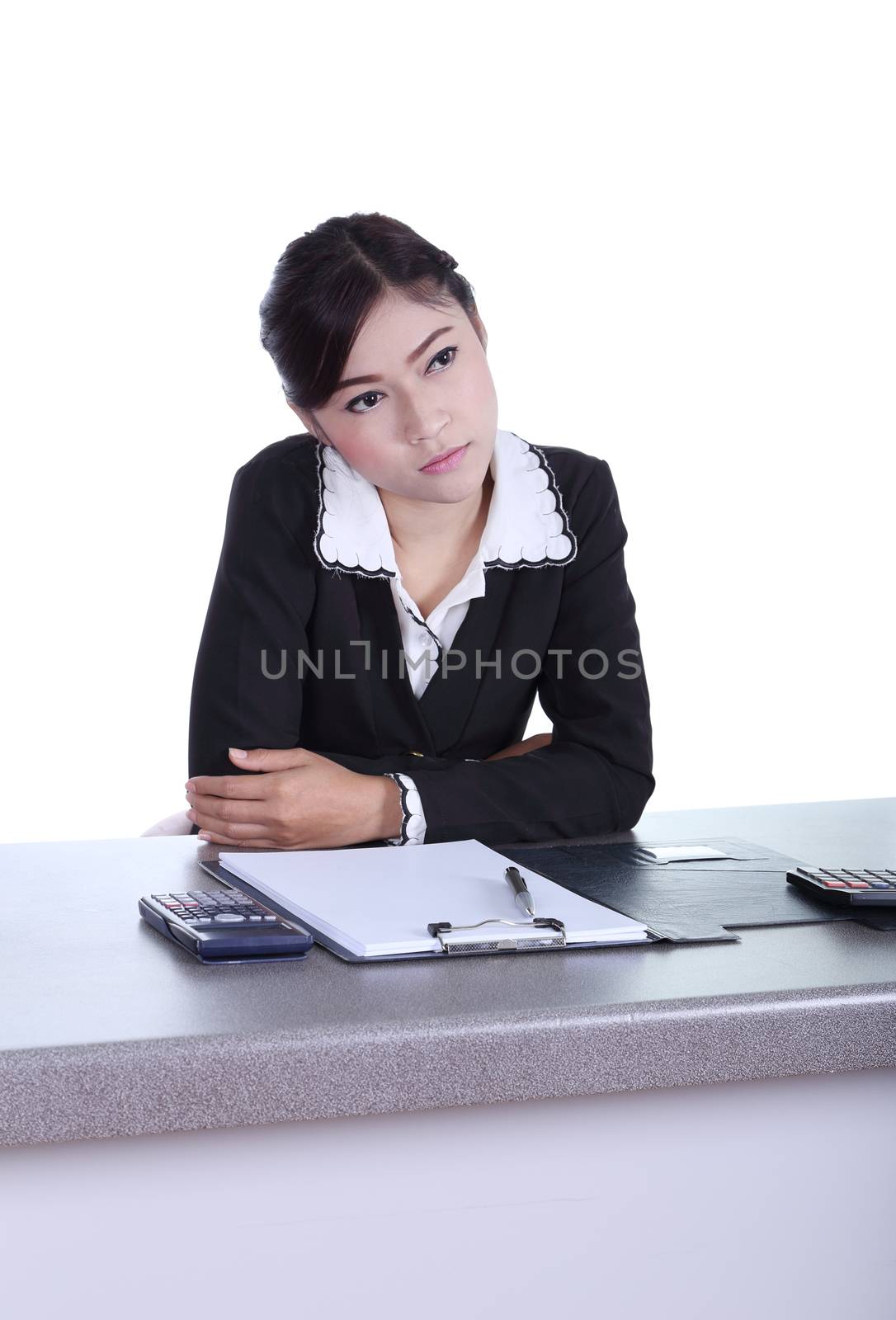 business woman sitting on her desk and thinking with documents sign up contract isolated on white background