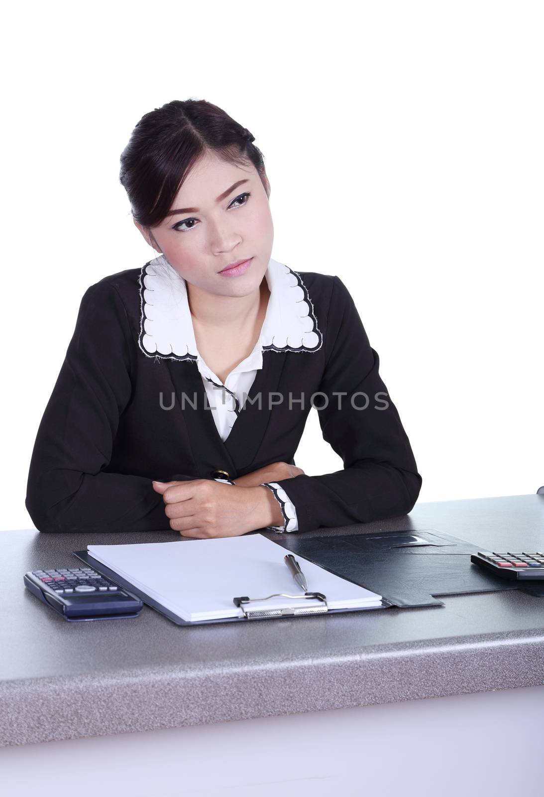 business woman sitting on her desk and thinking with documents s by geargodz