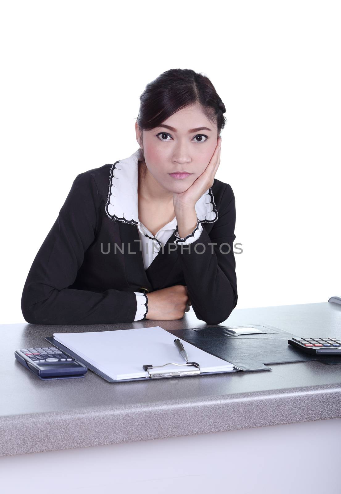 business woman sitting on her desk and thinking with documents sign up contract isolated on white background