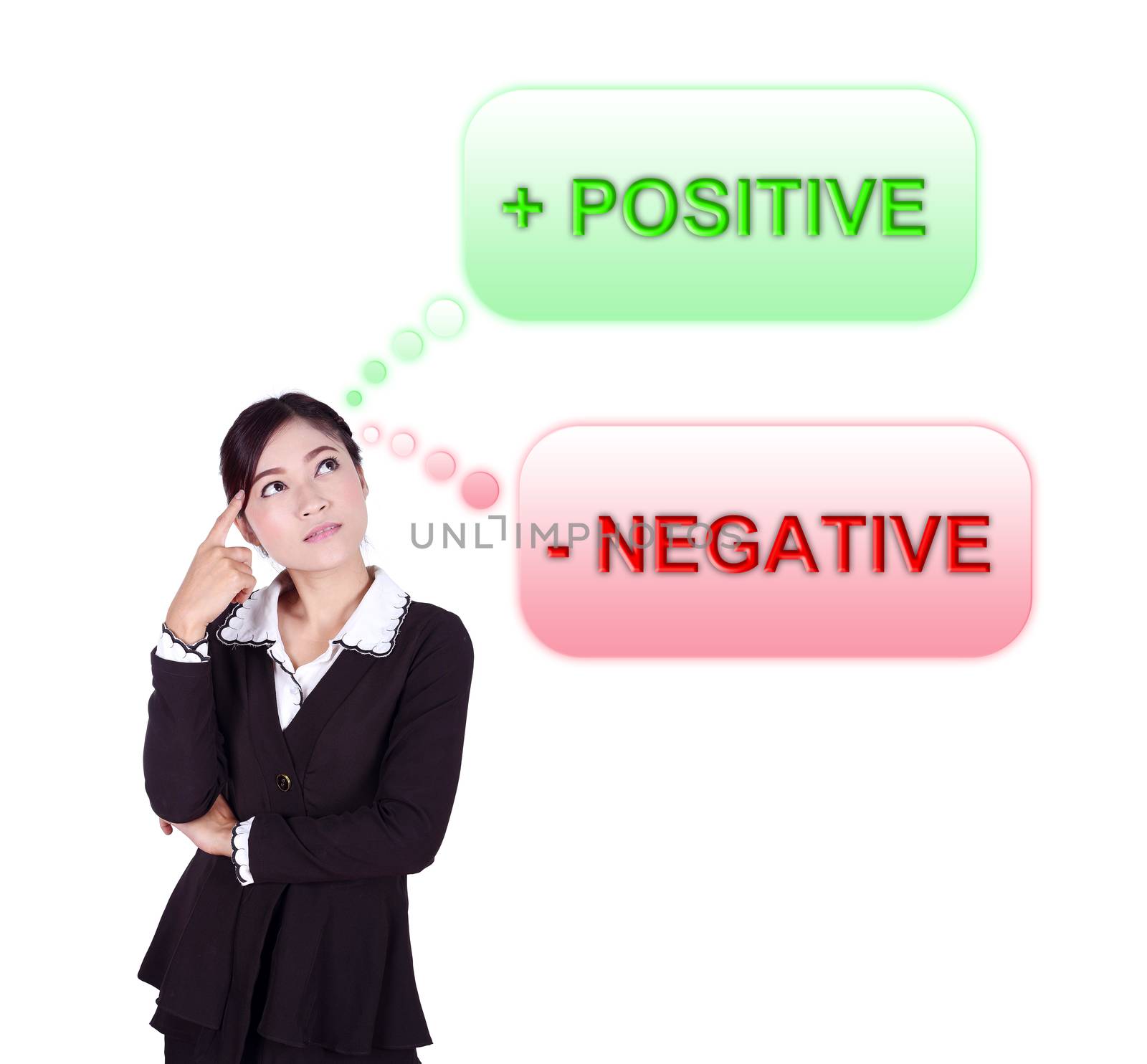 Business woman thinking about positive and negative thinking by geargodz