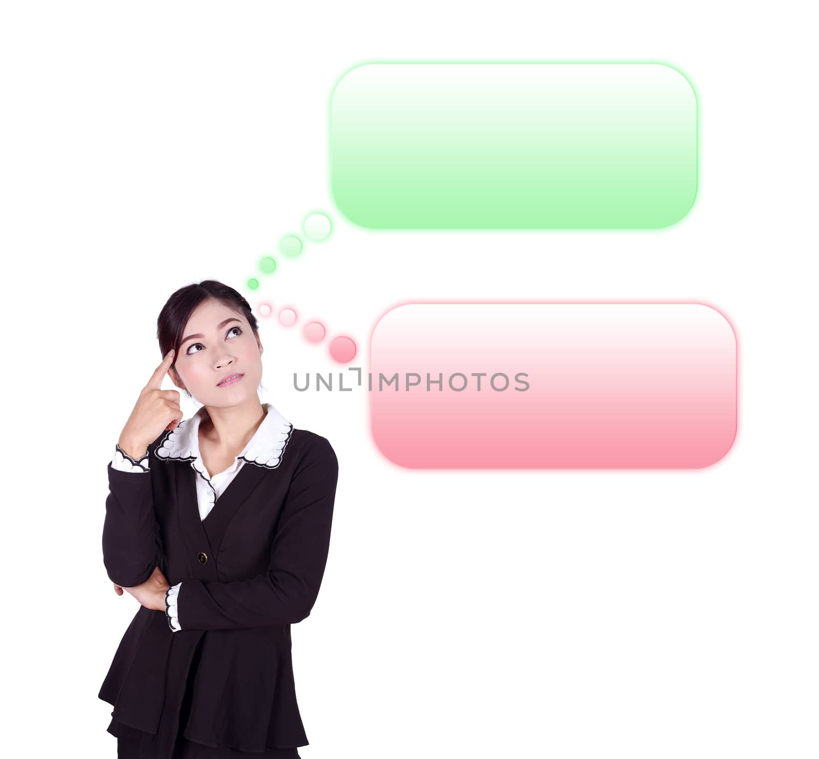thinking business woman looking up on speech empty bubble isolated on white background